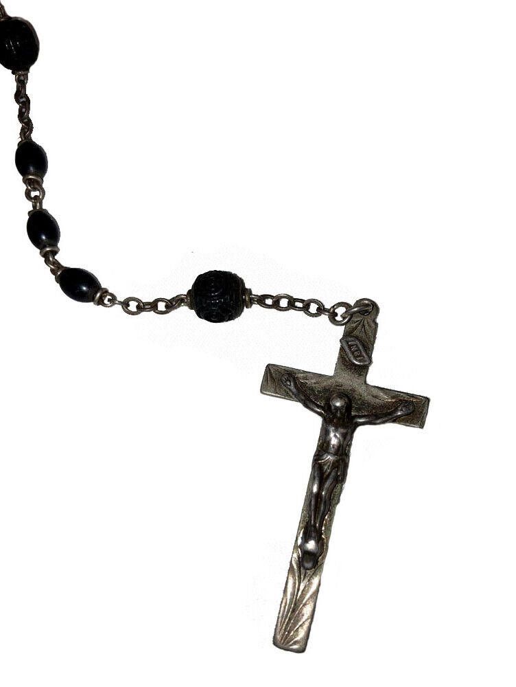 Designer Mourning Gutta Percha Vulcanite Bead Sterling Silver Rosary Size ONE SIZE - 3 Thumbnail