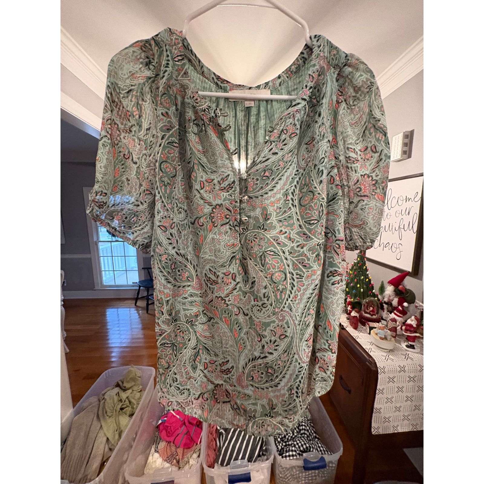 Loft LOFT Women’s XS Green Paisley Blouse Sheer Peasant Top Size XS / US 0-2 / IT 36-38 - 2 Thumbnail