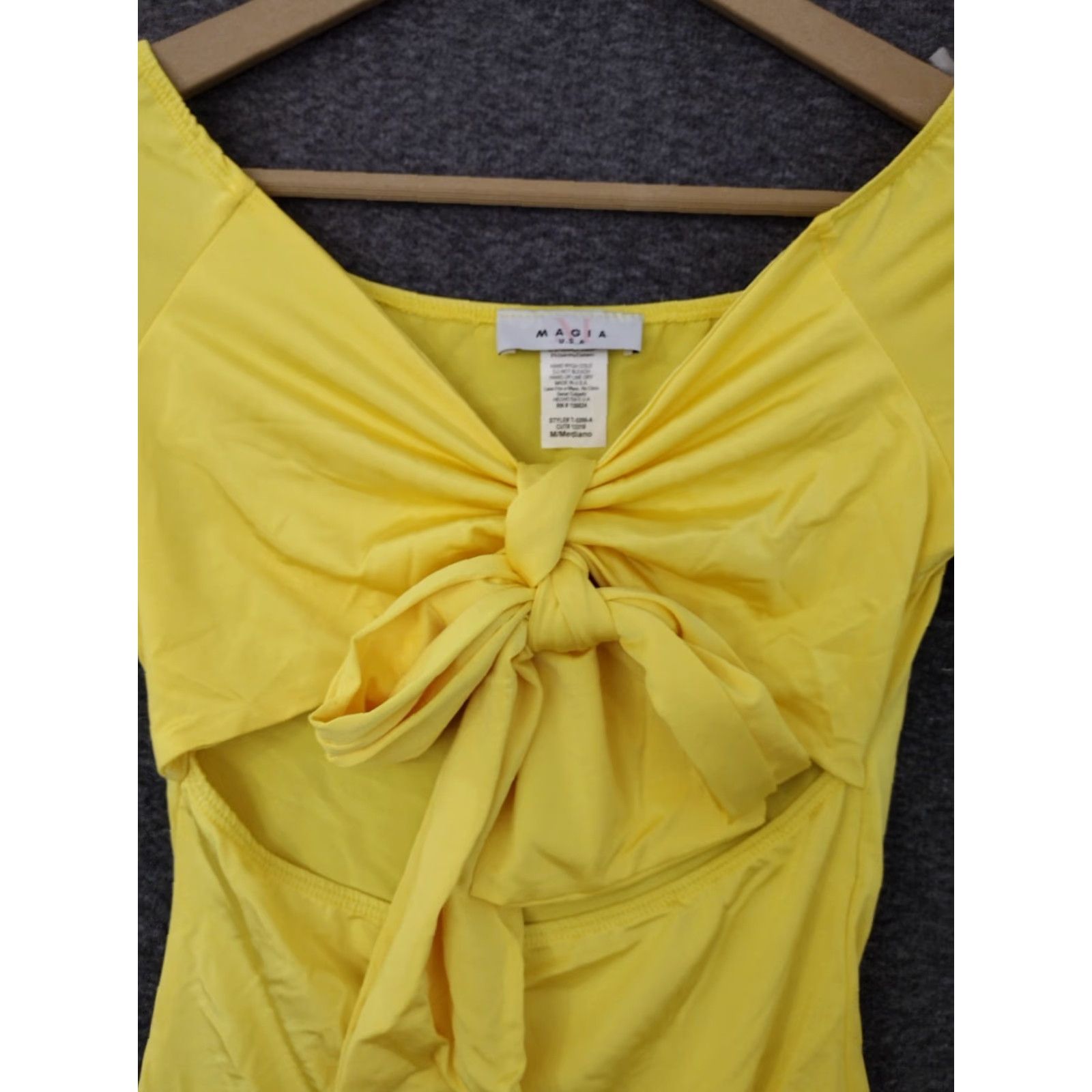 Vintage MAGIA Bodysuit Yellow Short Sleeve Open Tummy Tie Front Size M Women's Solid Blended Fabric One Piece Size M / US 6-8 / IT 42-44 - 3 Thumbnail