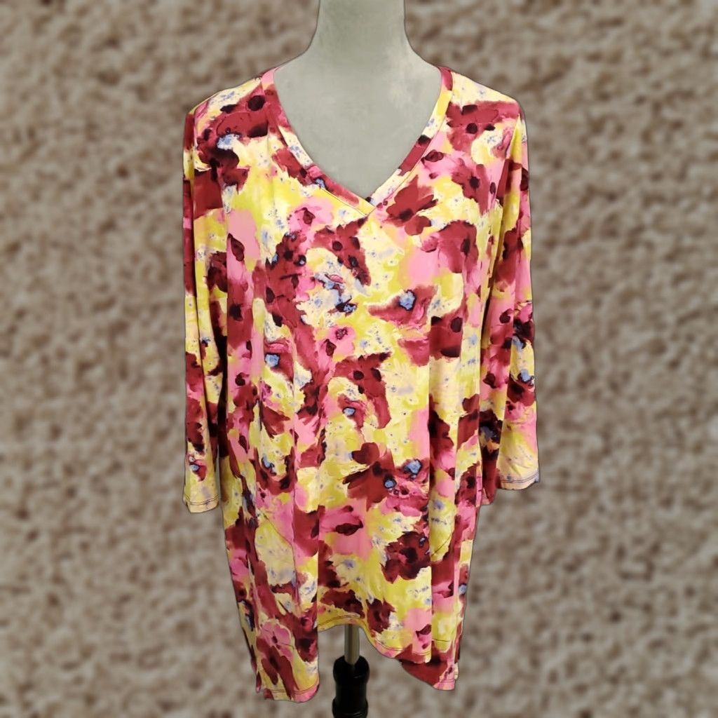 Vintage LOGO by Lori Goldstein Womens Top XL Red Yellow Floral V Neck 3/4 Sleeve Blouse Size XL / US 12-14 / IT 48-50 - 1 Thumbnail