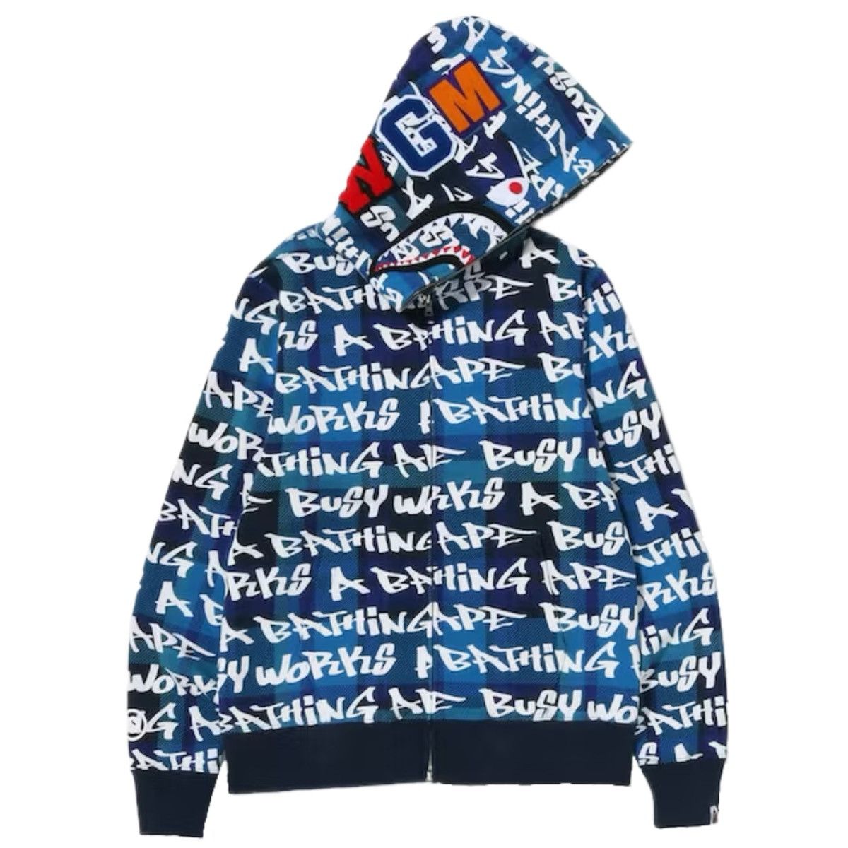 Image of Bape Graffiti Check Shark Full Zip Hoodie Blue 2022, Men's (Size 2XL)