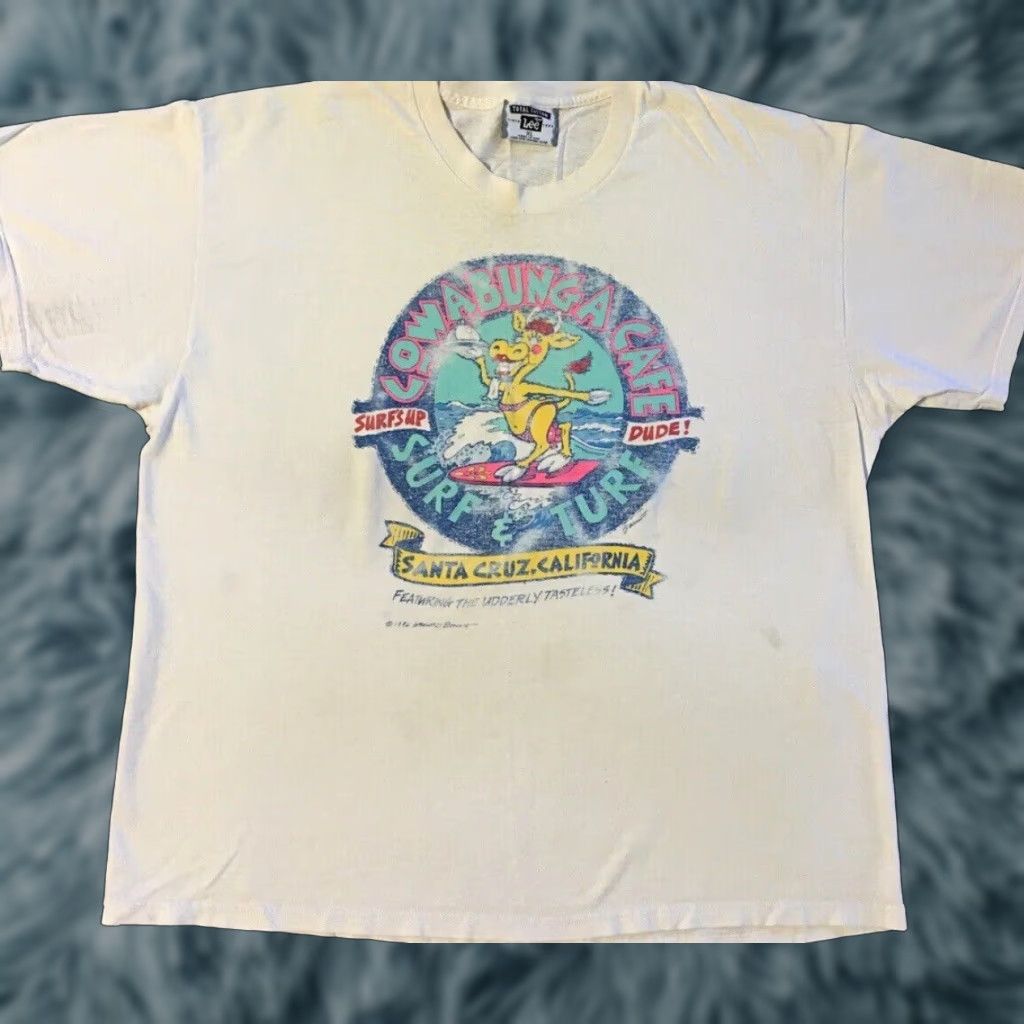 Vintage VINTAGE 90s Cowabunga Cafe Faded Distress Shirt XL White Harley Davidson Santa Cruz Graphic Tee Mens Size US XL / EU 56 / 4 - 1 Thumbnail