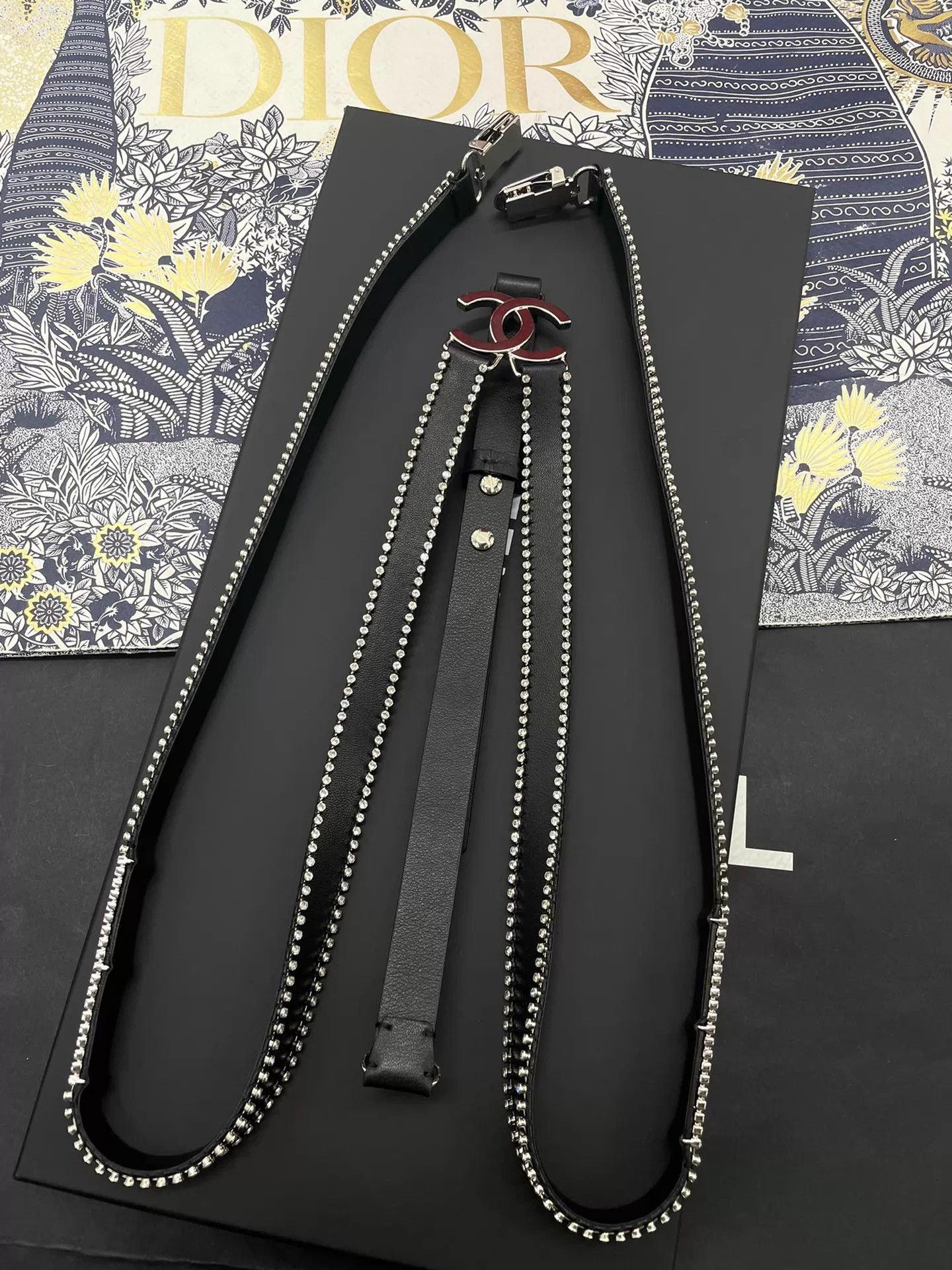 Chanel Chanel Black Crystal Logo Leather Suspenders Size ONE SIZE - 4 Thumbnail