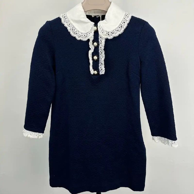 Miu Miu Miu Miu Navy Cotton Dress with Lace Details 0089 Size S / US 4 / IT 40 - 1 Thumbnail