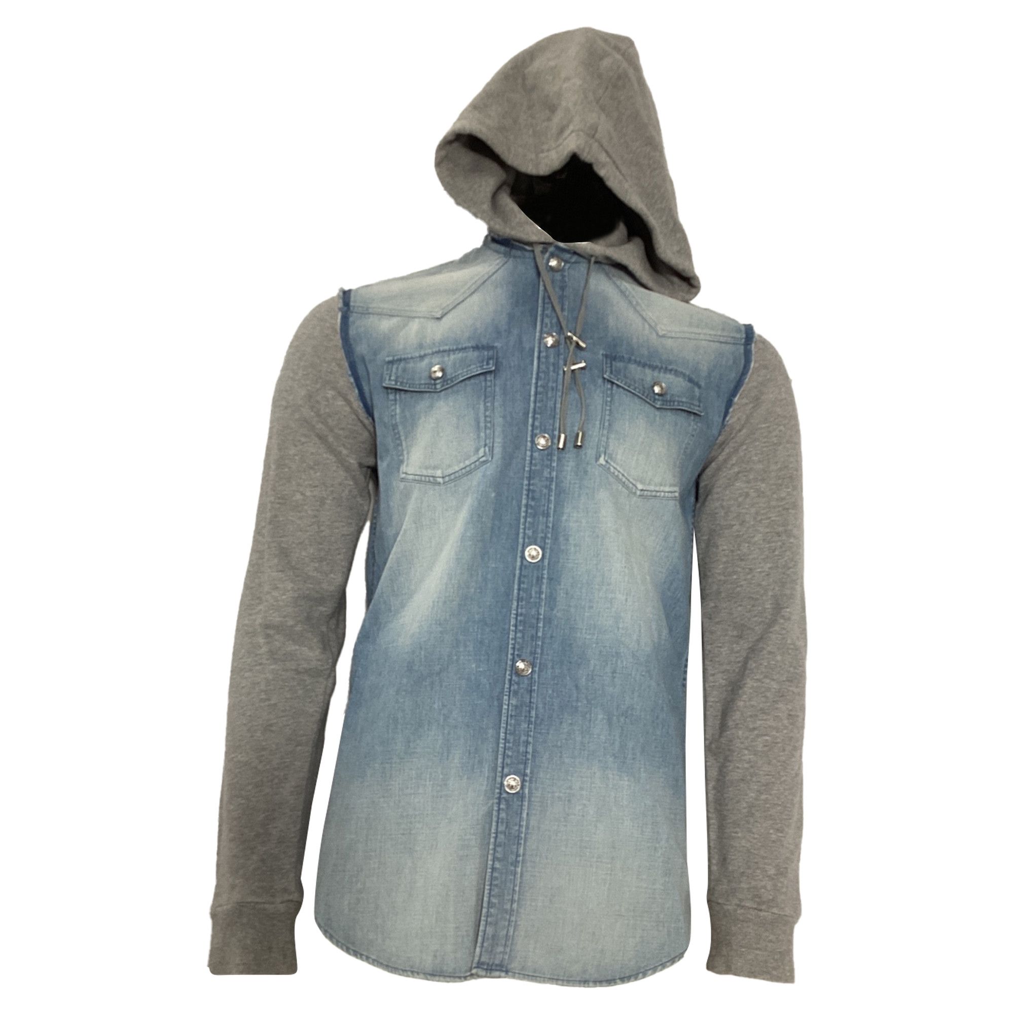 Balmain Balmain Hooded Jacket in Blue Denim and Grey Cotton Size US S / EU 44-46 / 1 - 1 Thumbnail