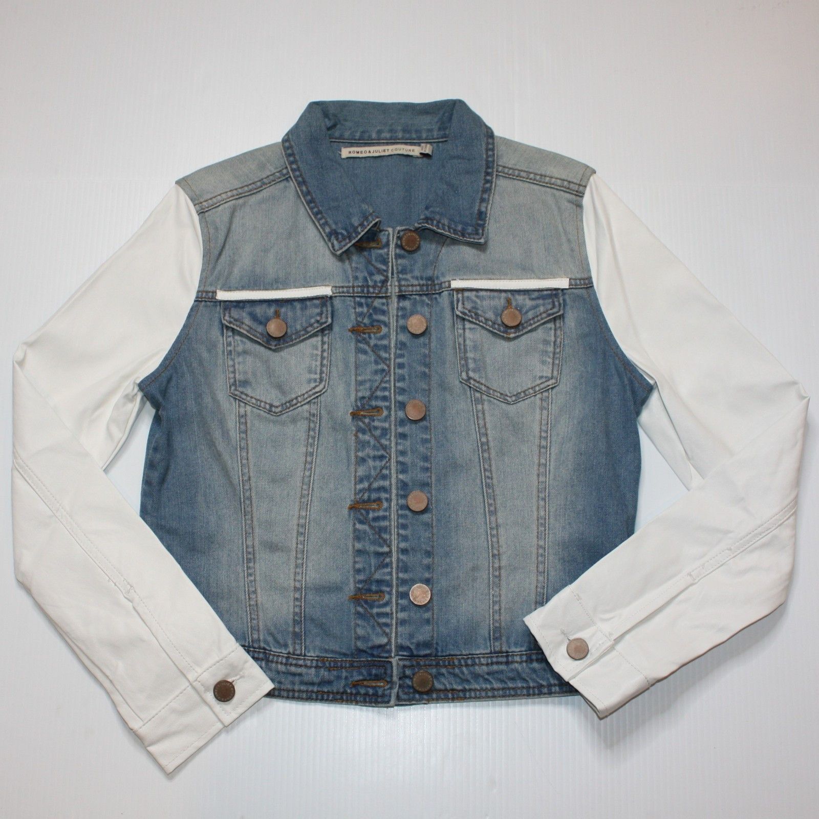 Other Romeo & Juliet Couture Faux Leather Sleeve Denim Jean Jacket Size M / US 6-8 / IT 42-44 - 4 Thumbnail