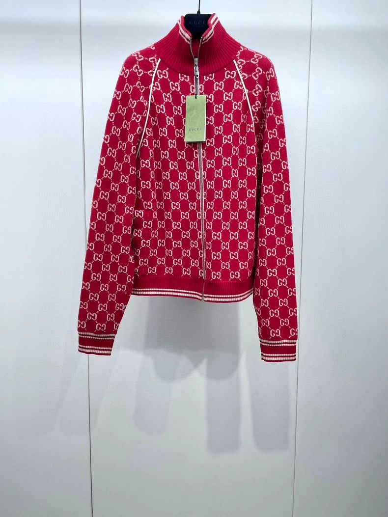 Gucci Gucci Red double G full print knitted cashmere zipper cardi Size US XS / EU 42 / 0 - 1 Thumbnail