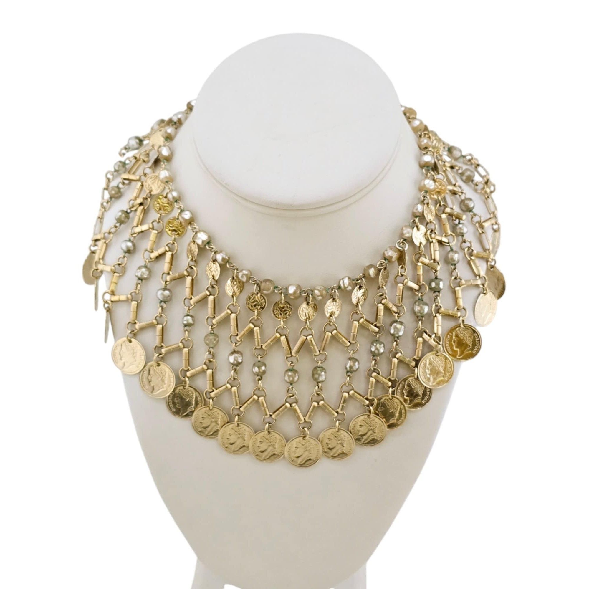 Vintage Vintage 80s Faux Pearl & Coin Bib Necklace (A7867) Size ONE SIZE - 1 Thumbnail