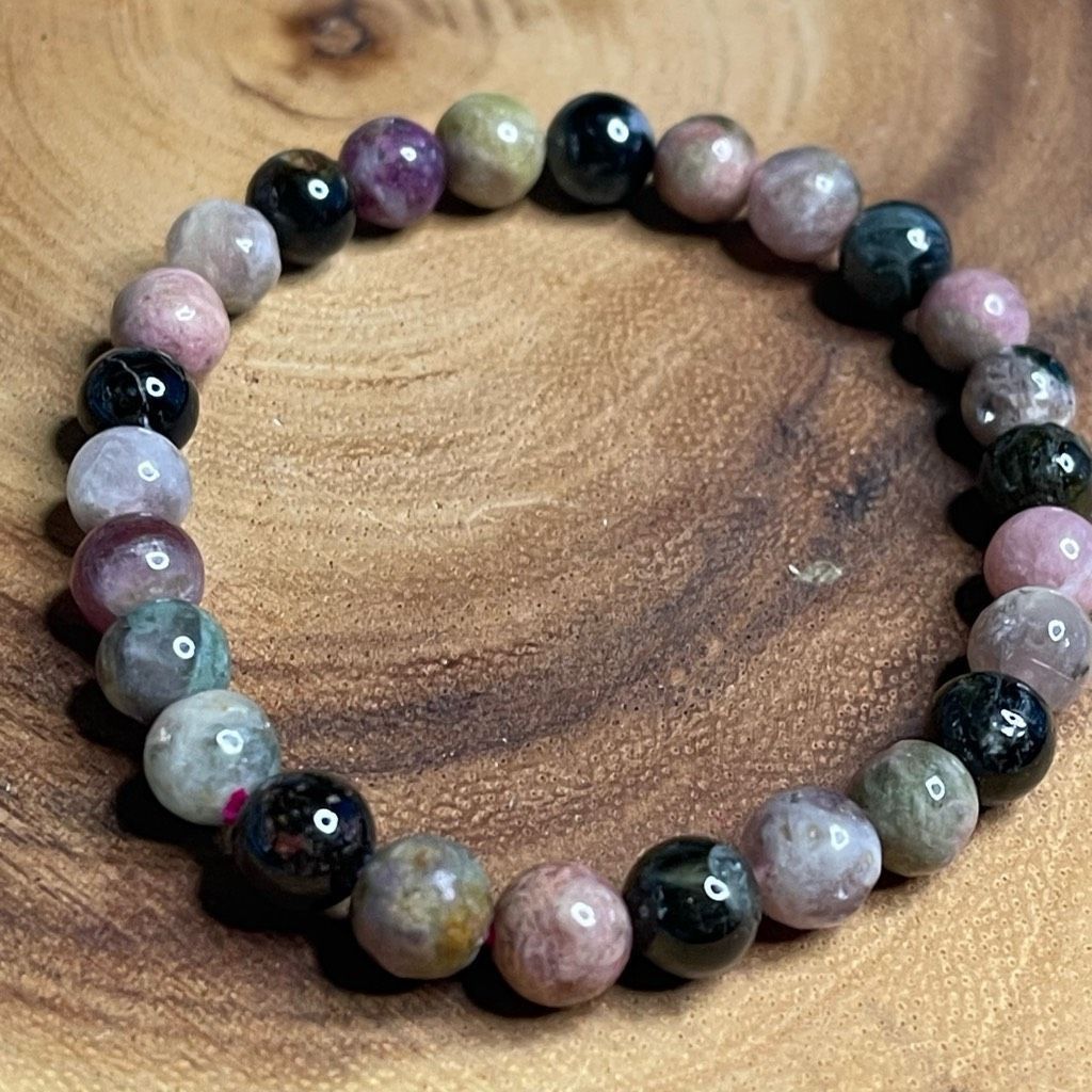 Other Pink Green Black Tourmaline beaded stretch bracelet ONE NEW reiki meditation crystal healing 6mm Size ONE SIZE - 8 Thumbnail