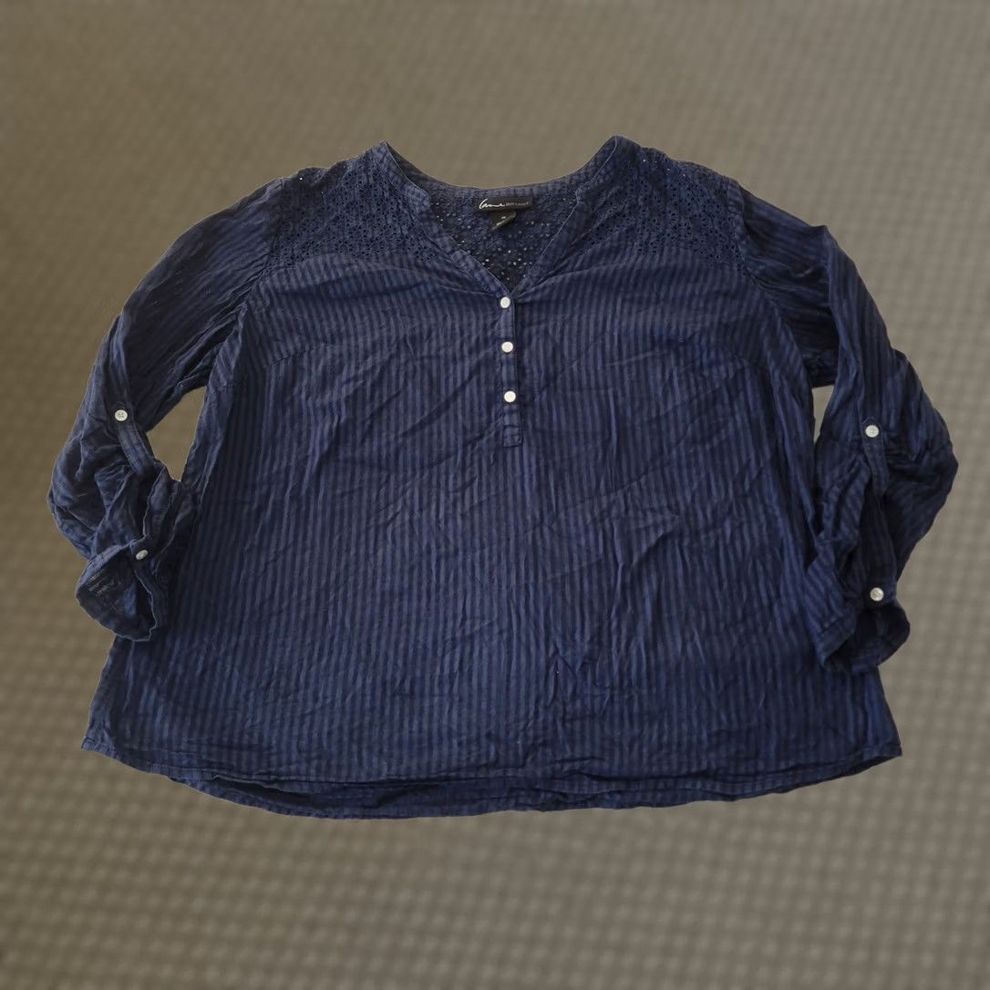 Vintage Lane Bryant Blouse Womens 20 Blue Striped Lace Yoke Long Sleeve Boho Top Cotton Size 3XL / US 20-22 - 1 Thumbnail