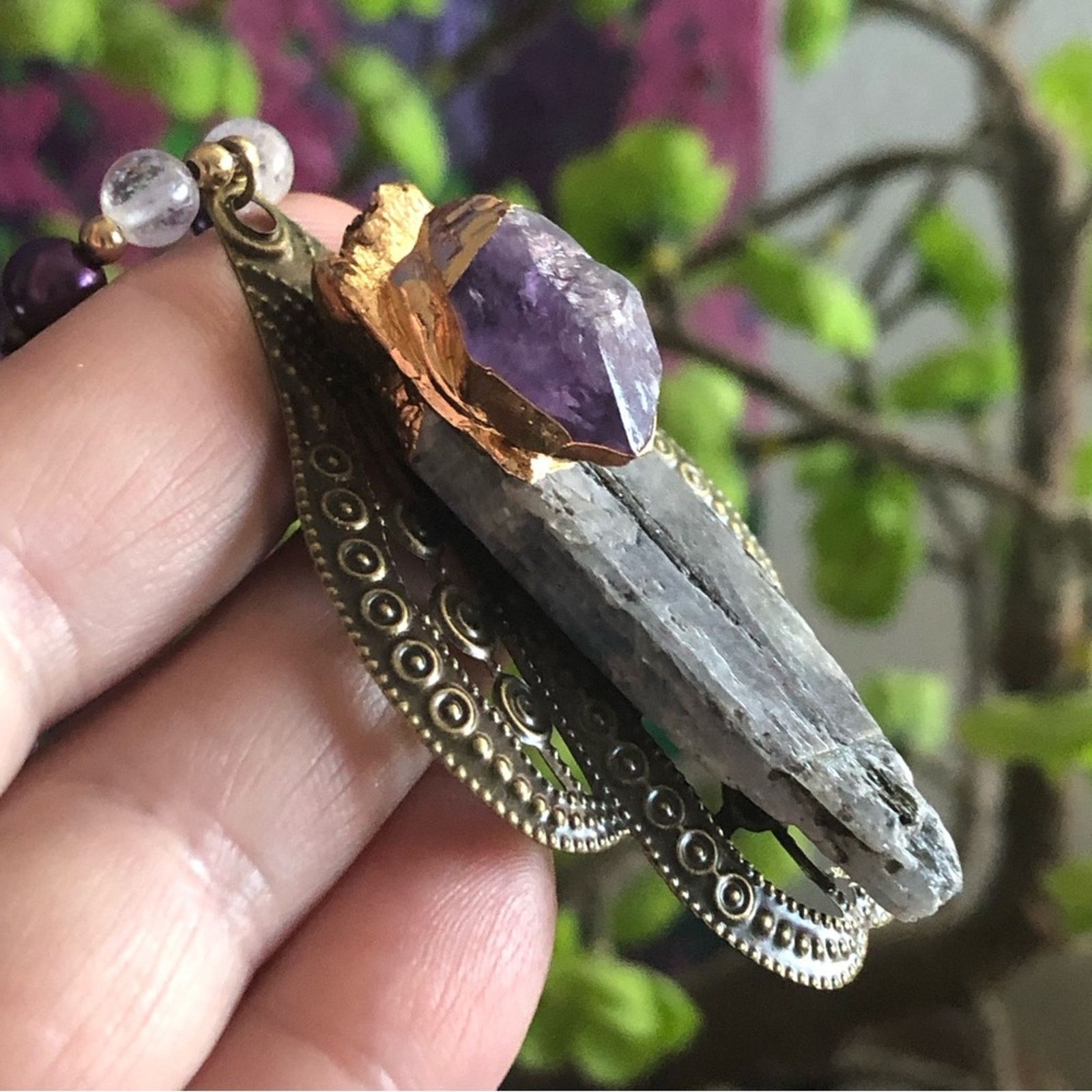 Handmade Handcrafted repurpose kyanite and amethyst Pearl necklace Size ONE SIZE - 11 Thumbnail