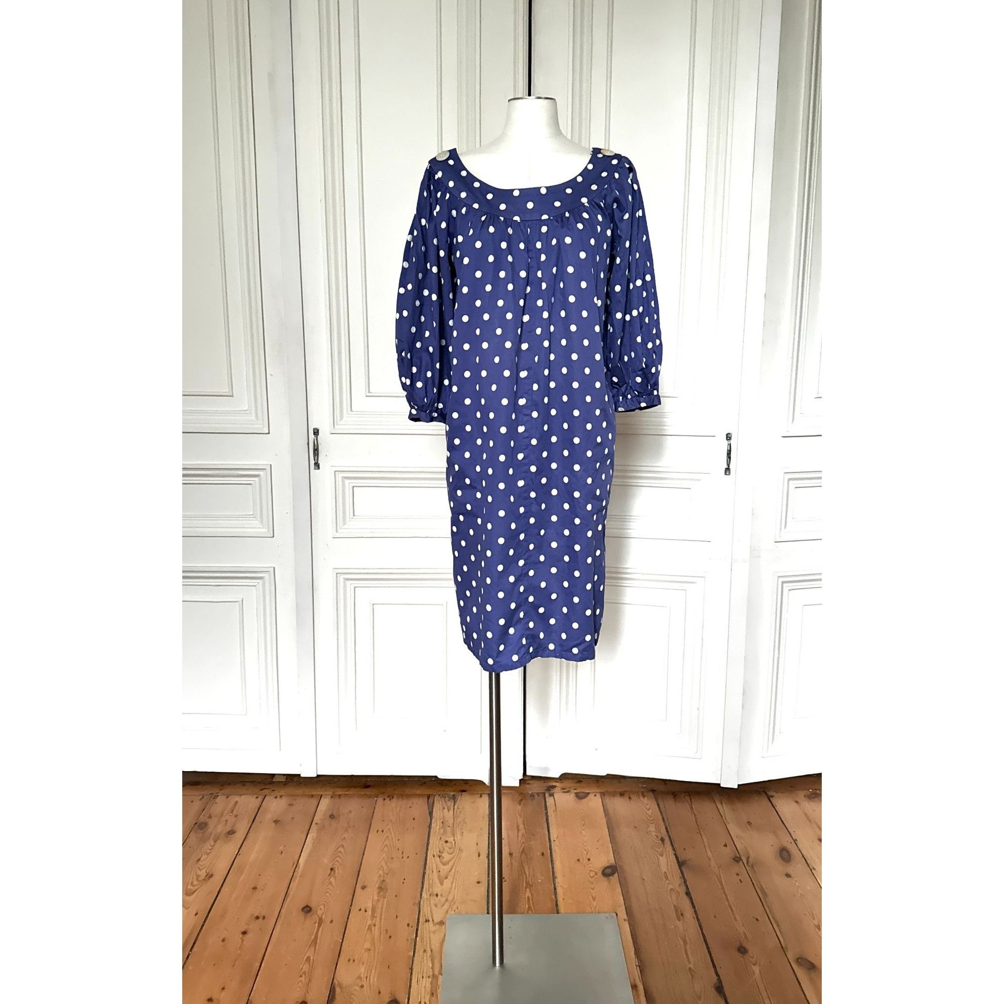 Yves Saint Laurent 1980s Navy Polka Dot Cotton Dress Size M / US 6-8 / IT 42-44 - 1 Thumbnail
