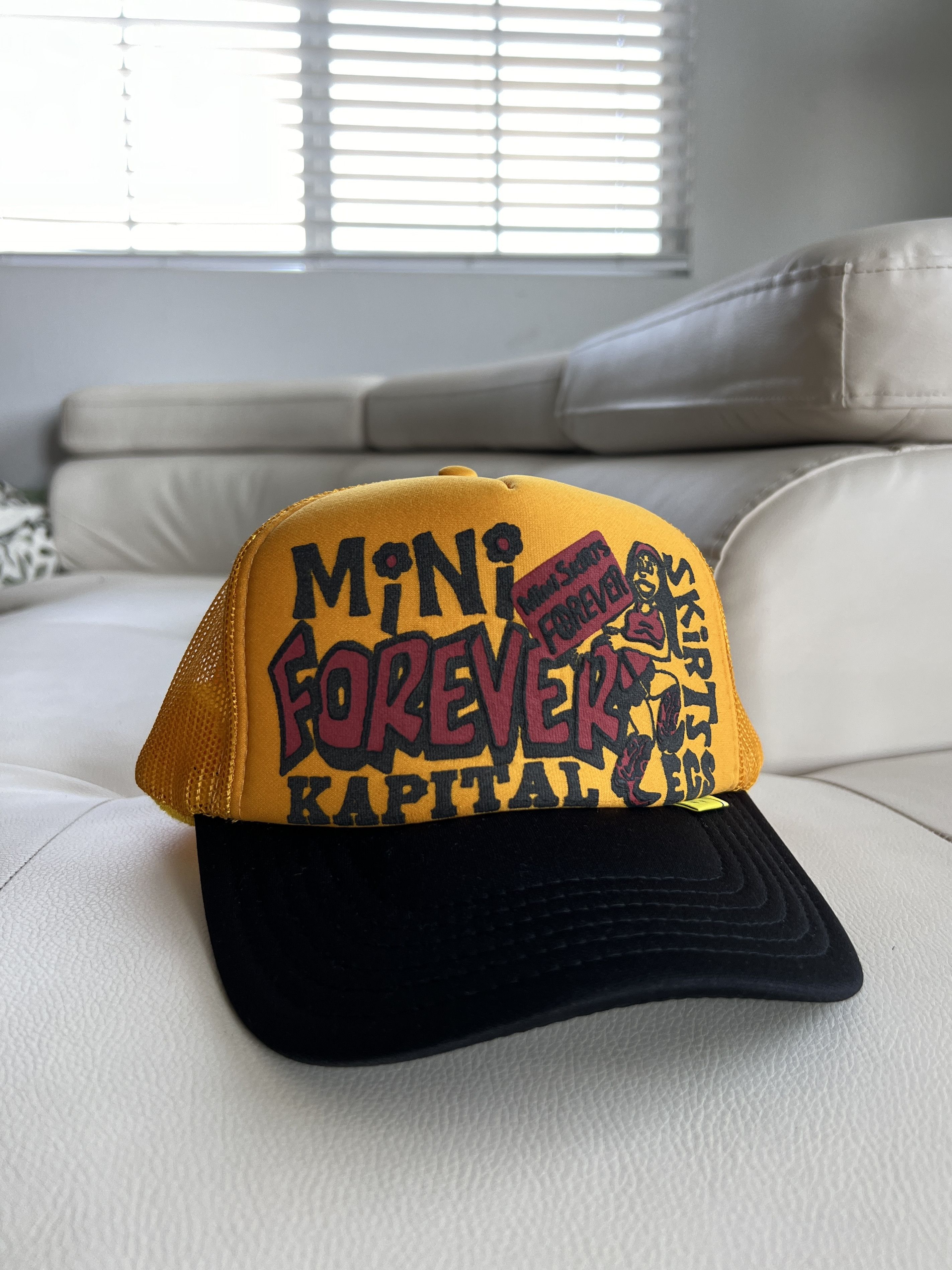 image of Kapital Mini Skirts Forever Trucker Hat in Yellow, Men's