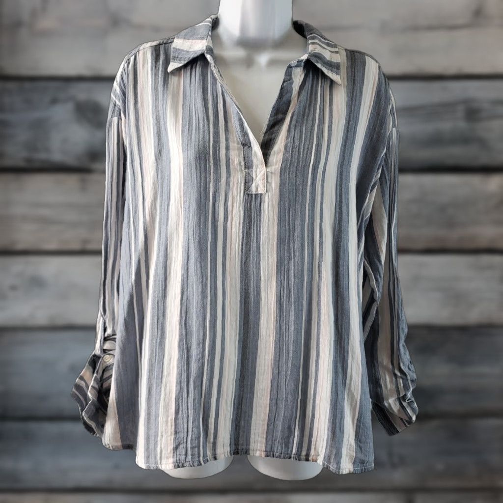Michael Stars Michael Stars Womens Popover Top Shirt S Blue Striped Long Sleeve Buttons Size S / US 4 / IT 40 - 1 Thumbnail