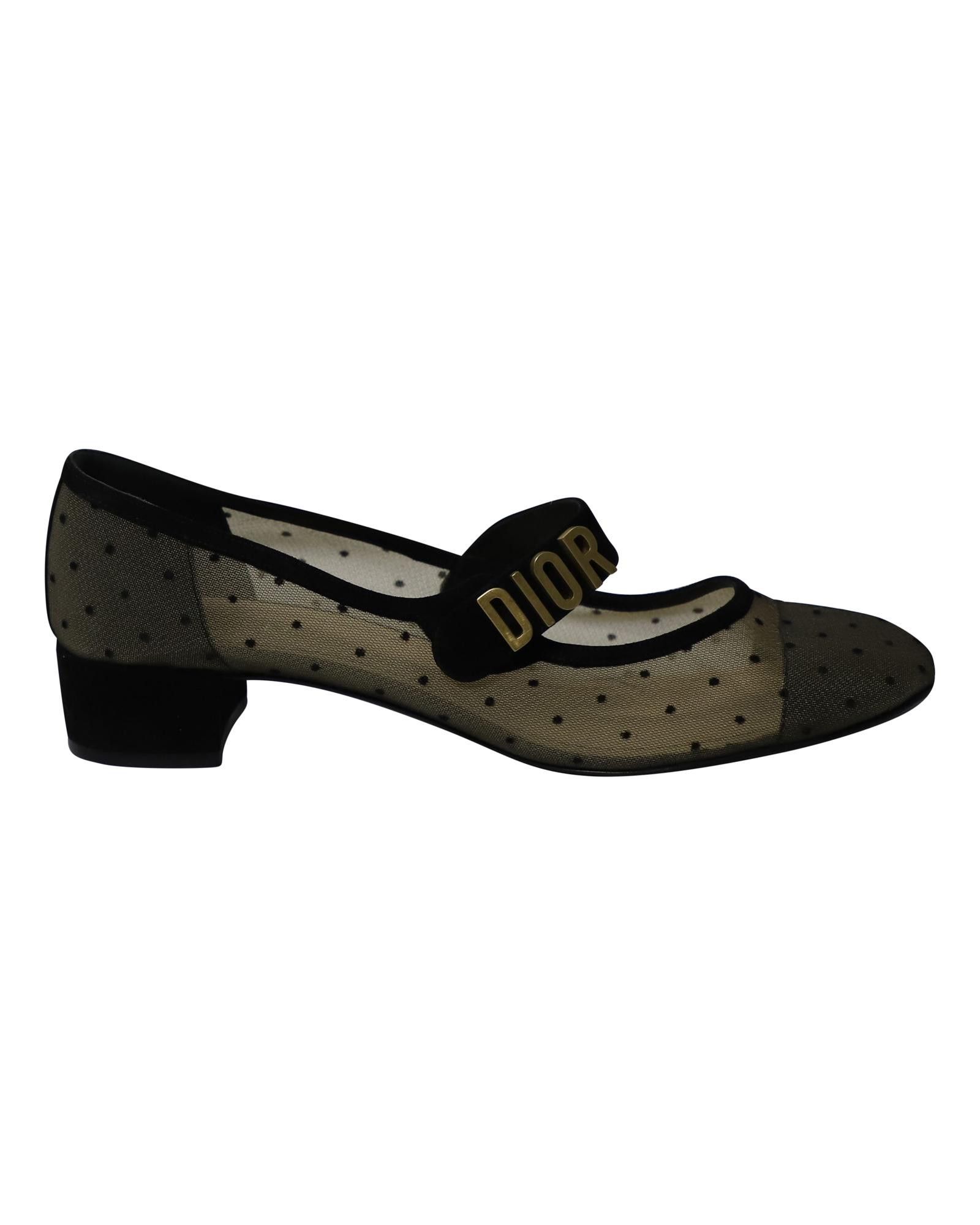 image of Polka Dot Mesh And Suede Ballet Pumps With Mary-Jane Straps By Dior Shoes in Black, Women's (Size 1