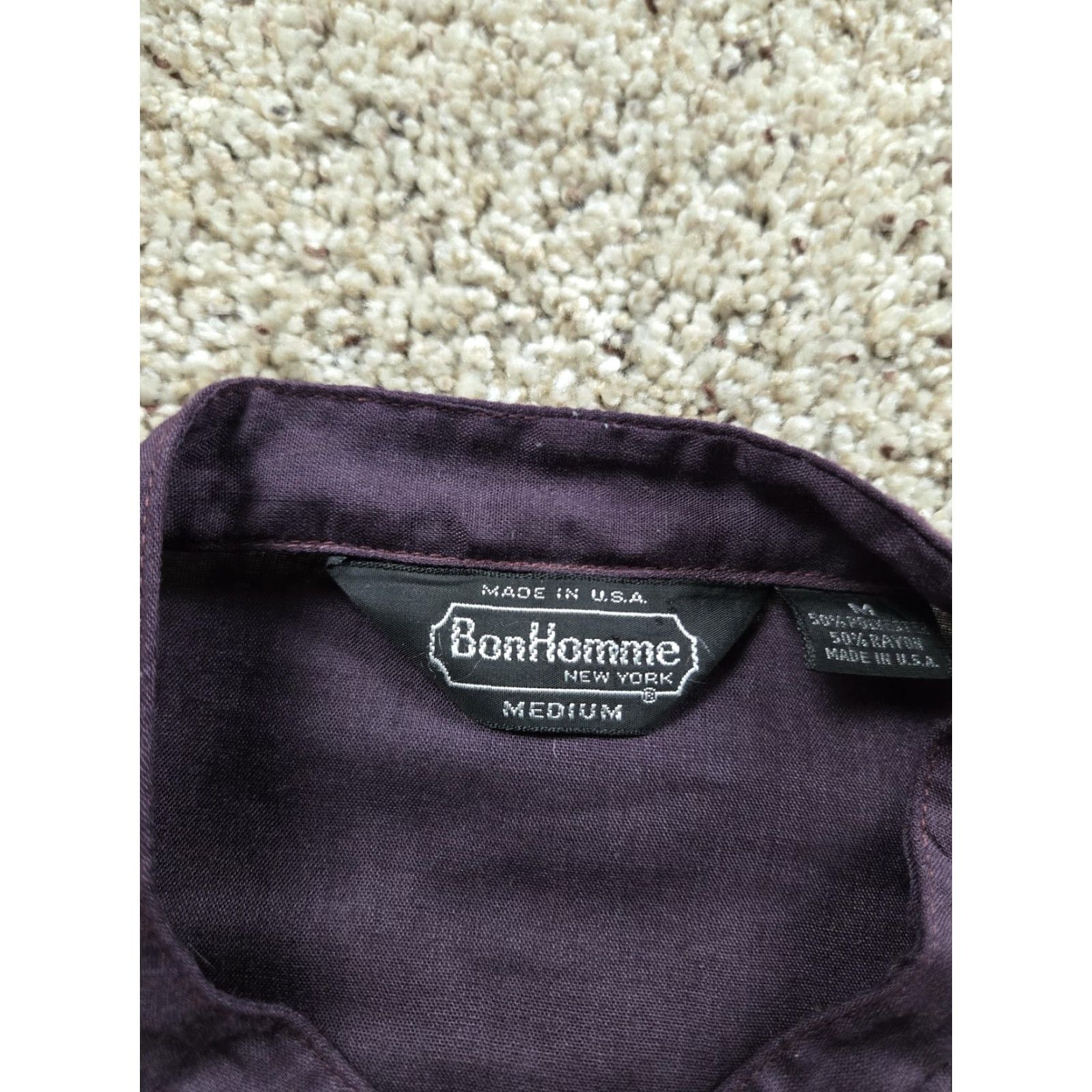 Vintage VINTAGE BonHomme Shirt Mens M Purple Band Collar Pleated Front Button-Up Solid Polyester Blend Size 40R - 4 Thumbnail