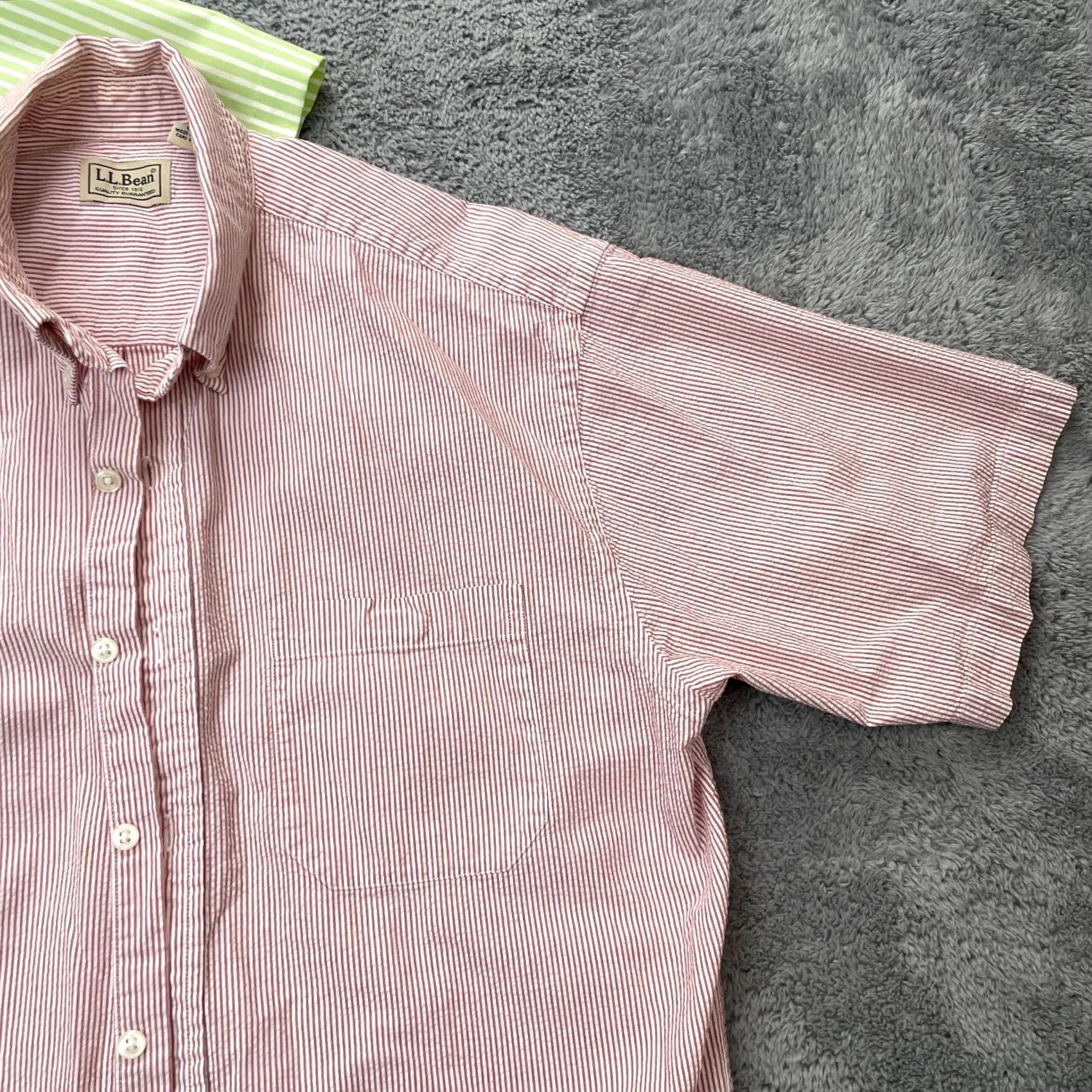 Vintage LL Bean Shirts Mens Medium Pink Green Striped Cotton Button Down Dress Size 40R - 5 Thumbnail