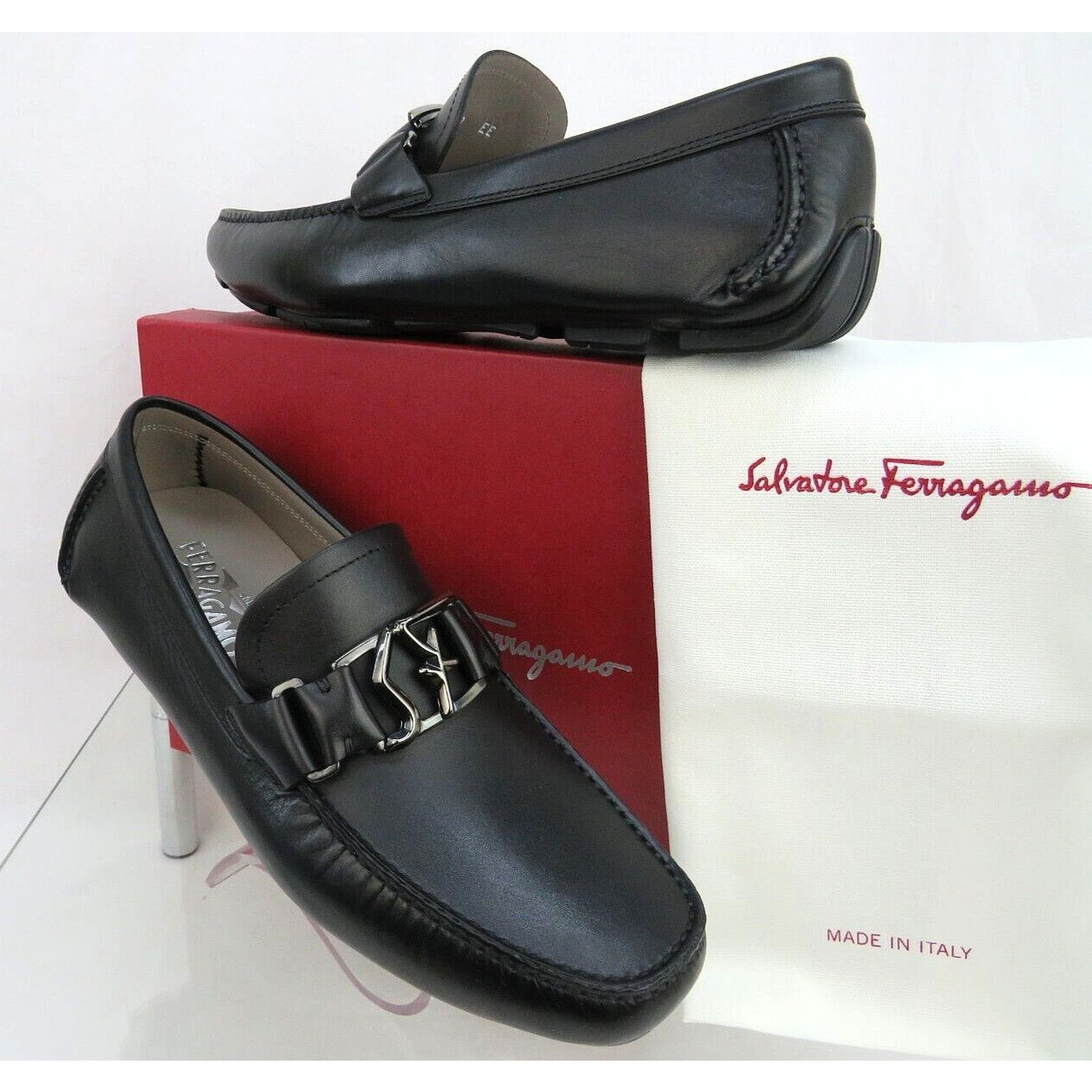 Salvatore Ferragamo FERRAGAMO PETER BLACK LEATHER LOGO DRIVING LOAFERS 8.5 EE Size US 9.5 / EU 42-43 - 8 Thumbnail