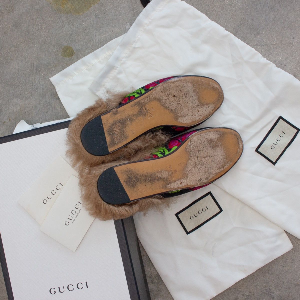Gucci 920$ GUCCI 454613 Fur Floral Brocade Slippers Size US 7 / IT 37 - 12 Thumbnail