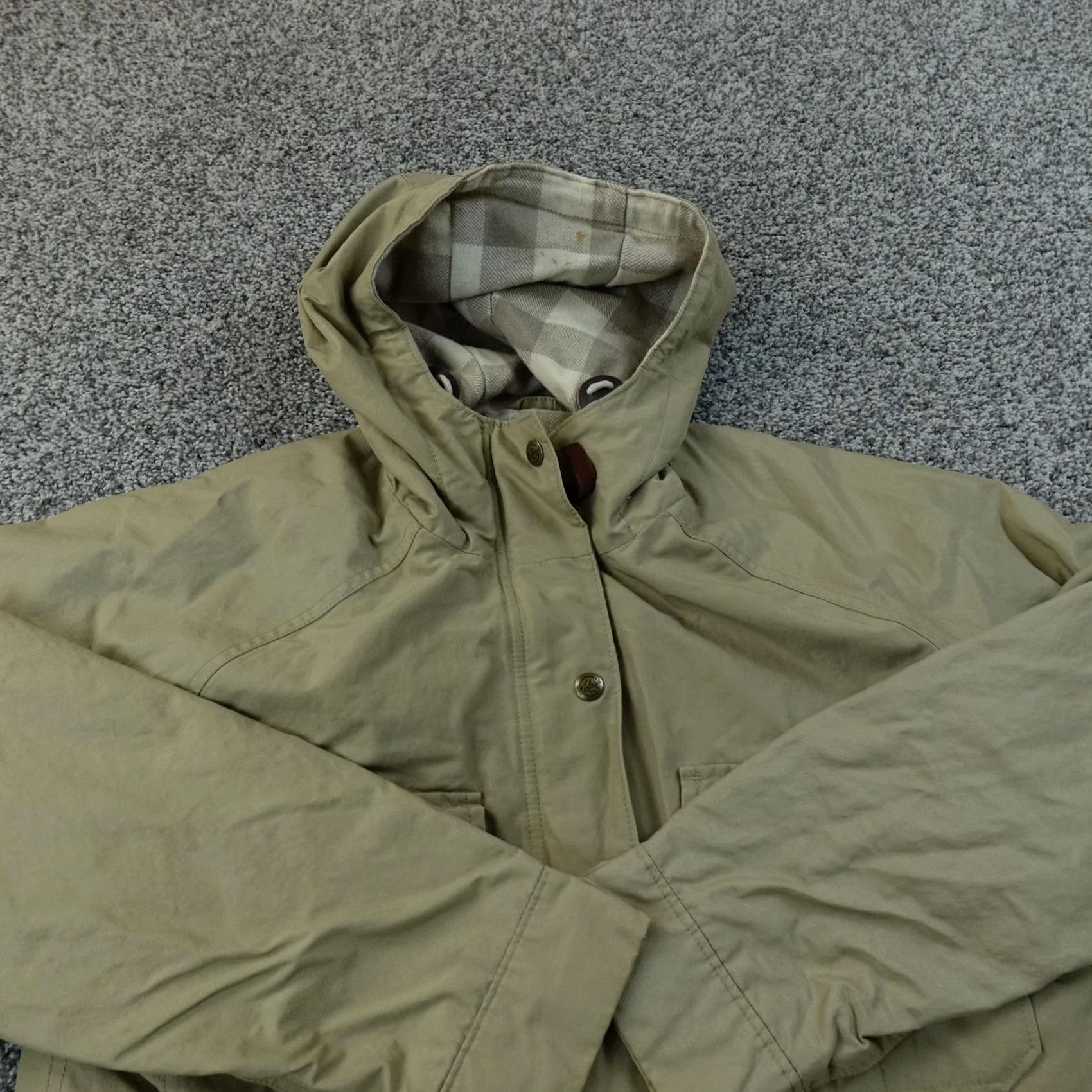Vintage Woolrich Coat Parka Womens M Beige Twill Hooded Lined Pockets Button Logo Outdoor Casual Travel Winter Fall Size M / US 6-8 / IT 42-44 - 3 Thumbnail
