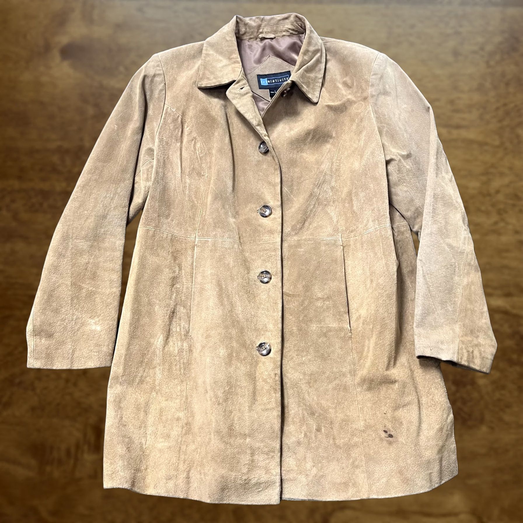 Vintage VINTAGE Relativity Coat Womens L Beige Suede Leather Button Front Lined Mid Length Size L / US 10 / IT 46 - 1 Thumbnail