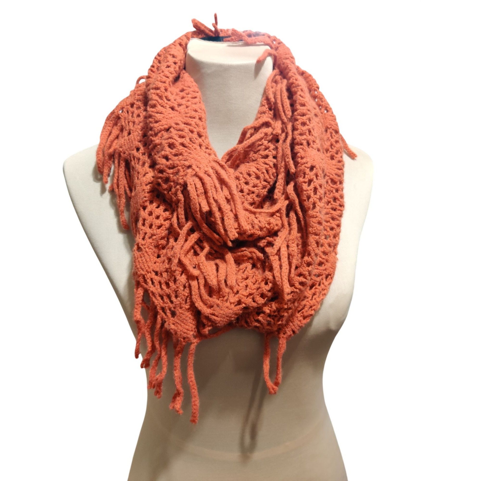 Other Rust Crochet Infinity Scarf Open Weave Fringe Loop Boho Dese Size ONE SIZE - 7 Thumbnail