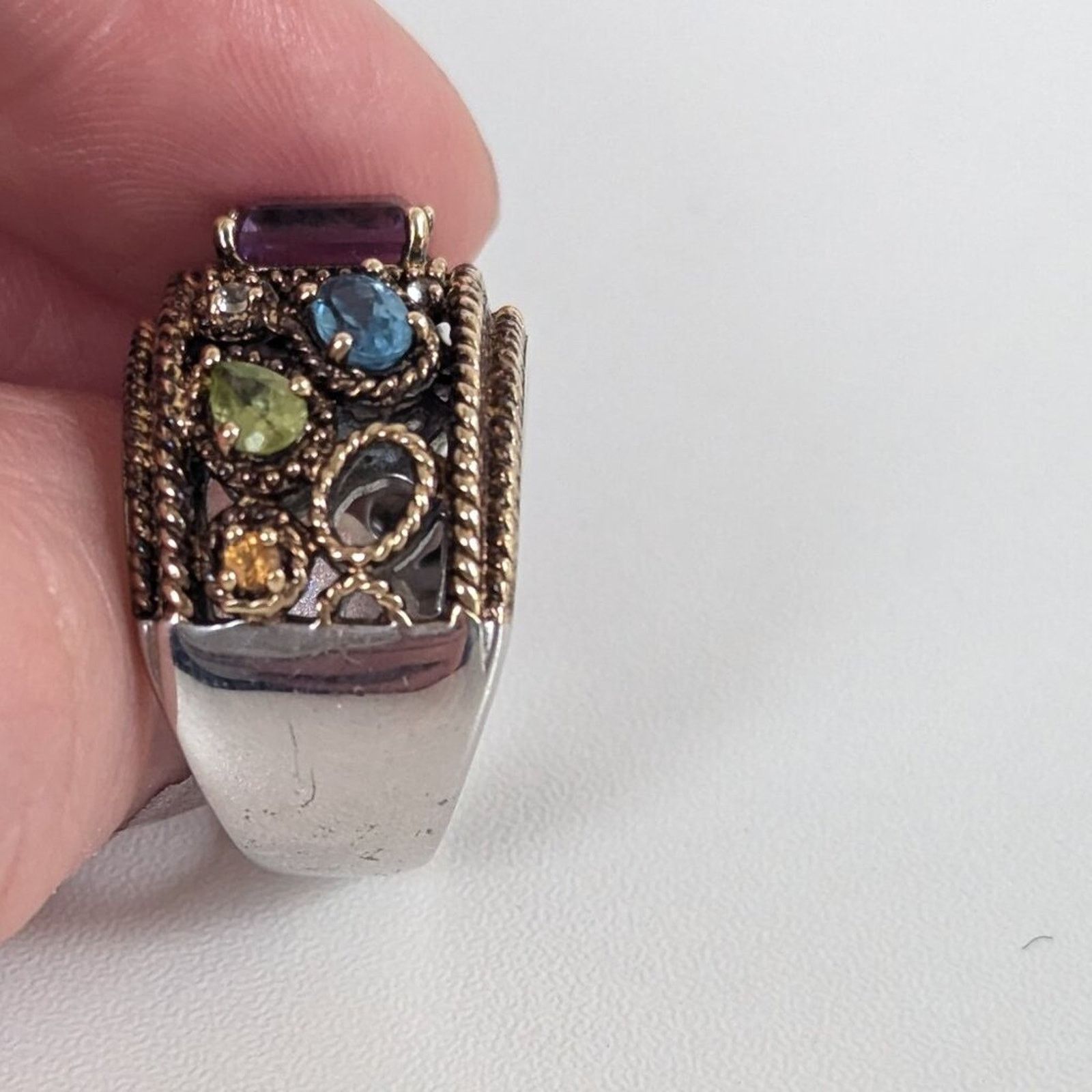 Vintage Sima K Amethyst Multi Gemstone Two Tone Silver Cocktail Ring Size ONE SIZE - 3 Thumbnail