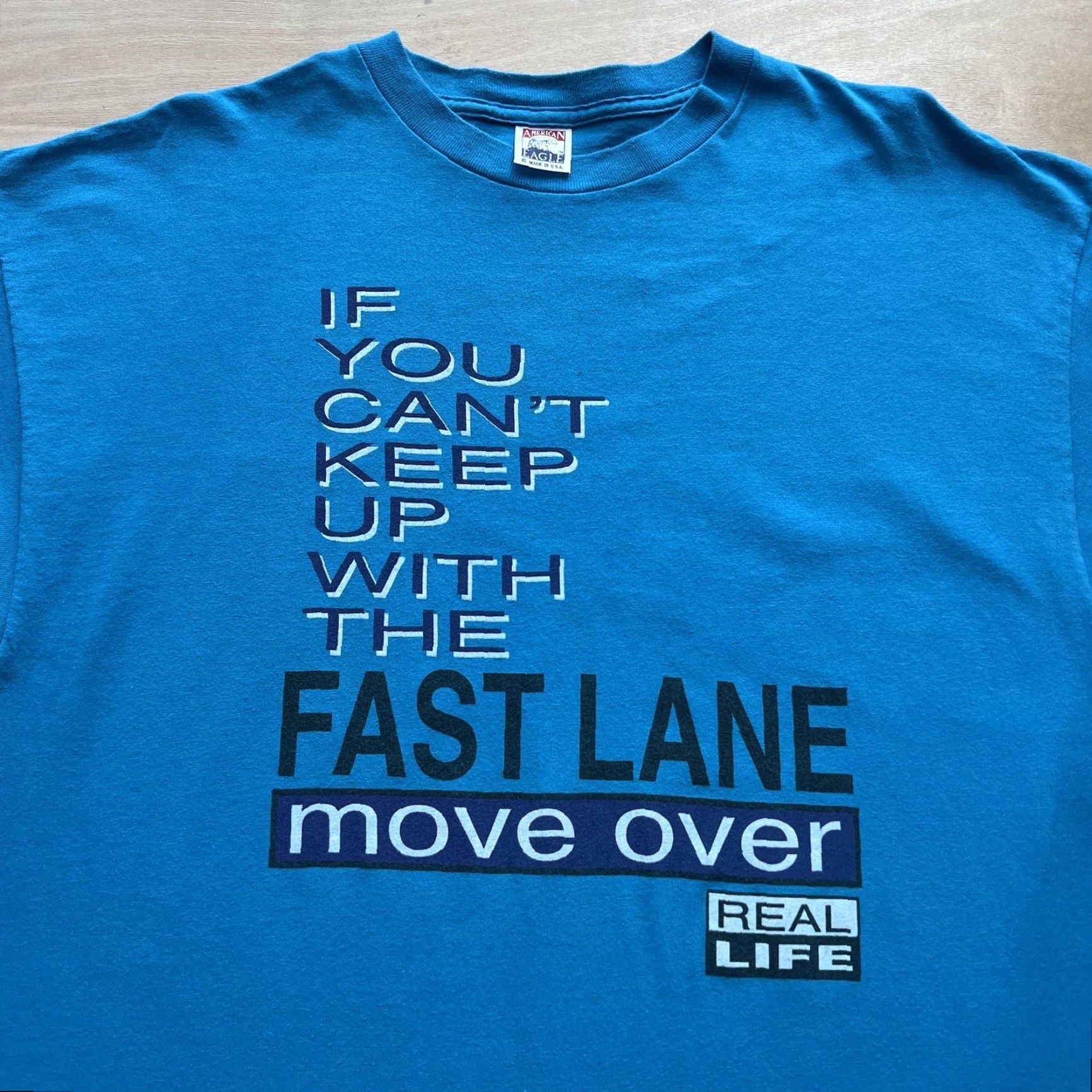 Alife Vintage Real Life Fast Lane Shirt XL Blue 90s Sportswear Quote Running Promo Mens T-Shirt Size US XL / EU 56 / 4 - 3 Thumbnail