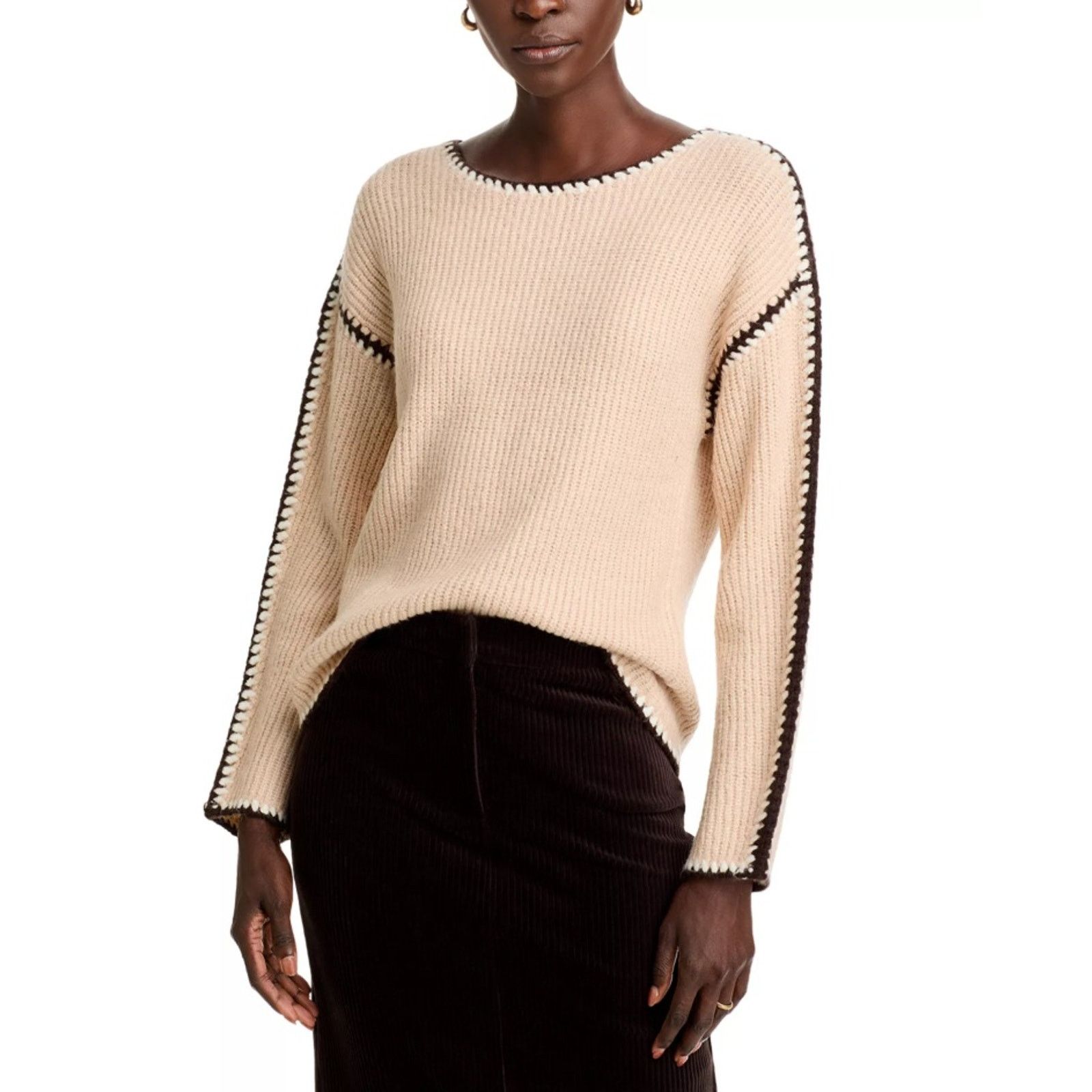 The Unbranded Brand Single Thread Women Ivory Contrast Trim Sweater Size XS Size XS / US 0-2 / IT 36-38 - 1 Thumbnail