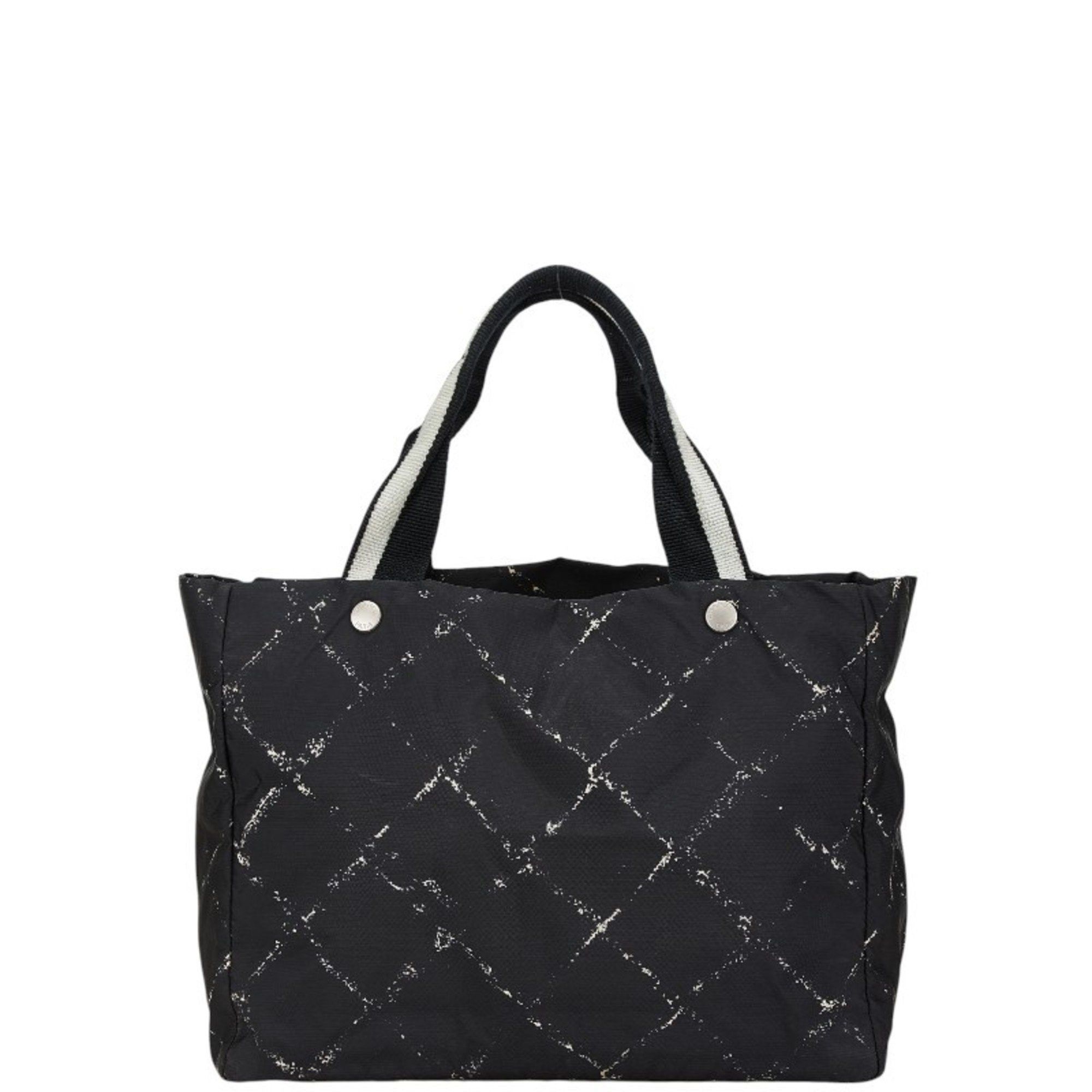 Chanel Old Travel Line Handbag Tote Bag Black White Nylon Women's Chanel