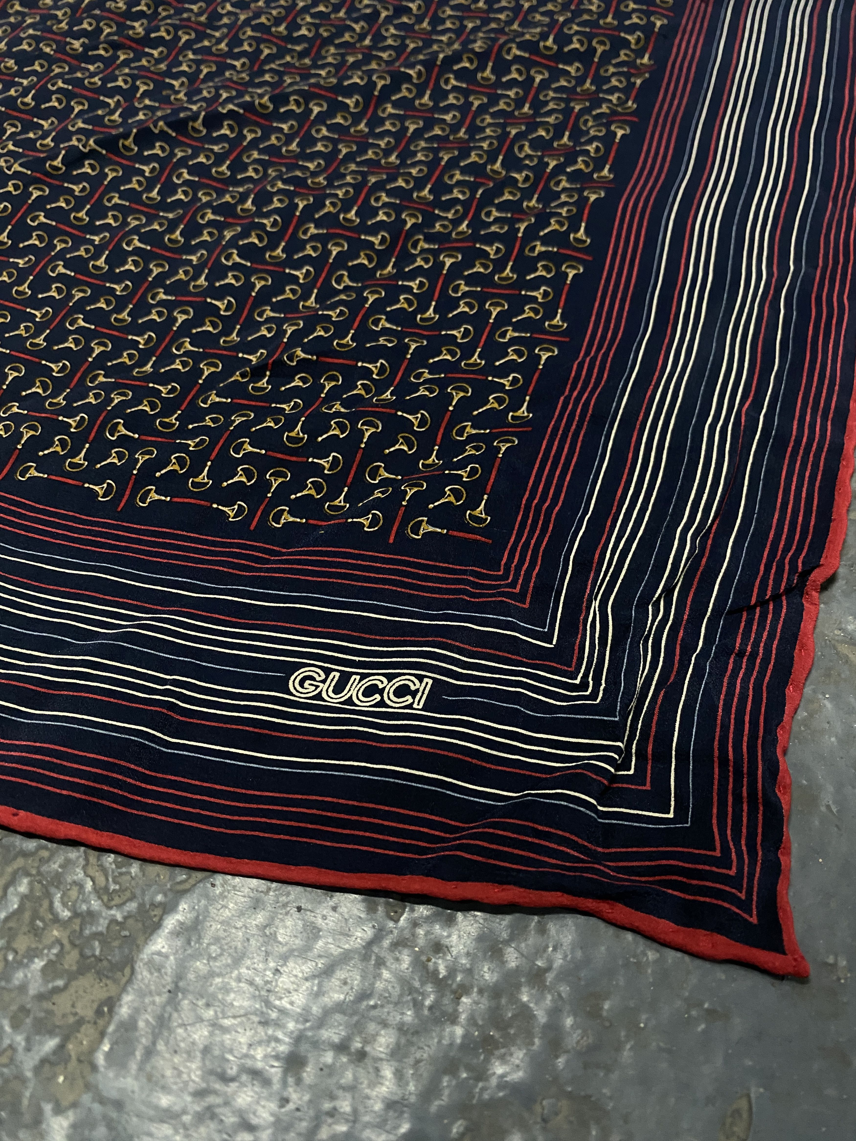image of Gucci Vintage Navy Red Silk Horse Bit Print Scarf, Men's