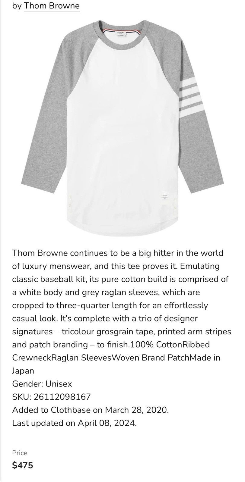 Thom Browne Thom Browne Made in Japan 3/4 Sleeve Four Bar Baseball Tee Size US M / EU 48-50 / 2 - 1 Thumbnail