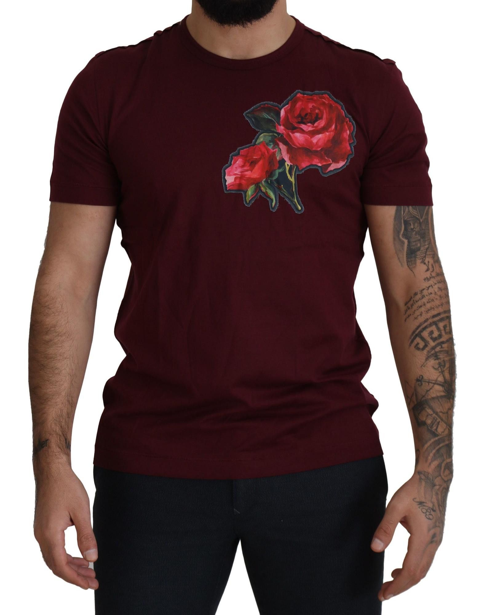 image of Dolce Gabbana Roses Print Crewneck T-Shirt in Bordeaux, Men's (Size XL)