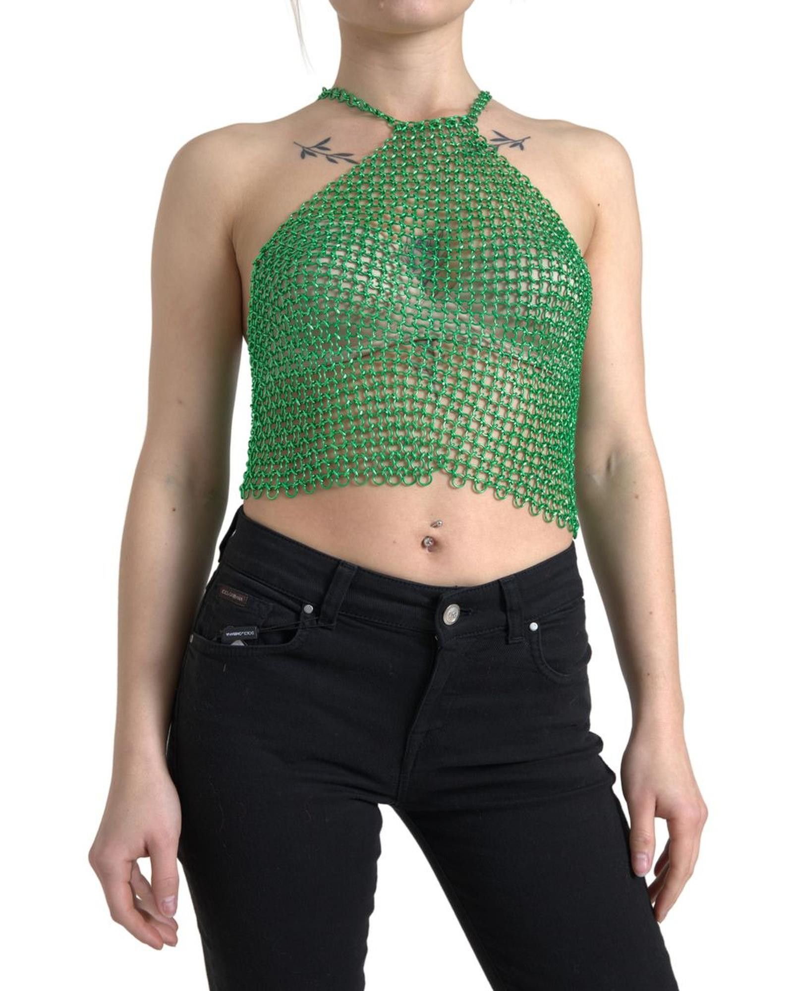 image of Dolce Gabbana Aluminum Halter Cropped Tank Top in Green, Women's (Size Small)