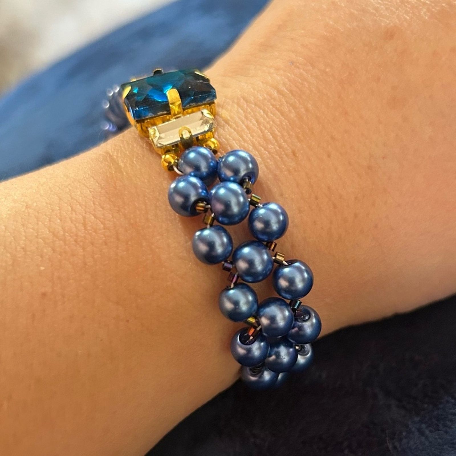 Handmade Handcrafted royal blue Czech glass pearl glass bar bracelet Size ONE SIZE - 2 Thumbnail
