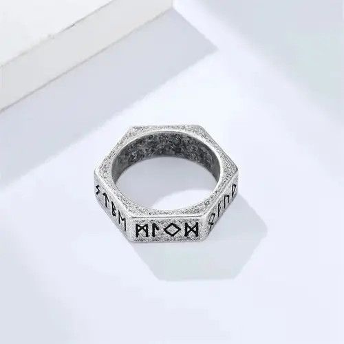 Vintage Retro Punk Stainless Steel Screws Norse Runes Amulet Ring Size ONE SIZE - 3 Thumbnail