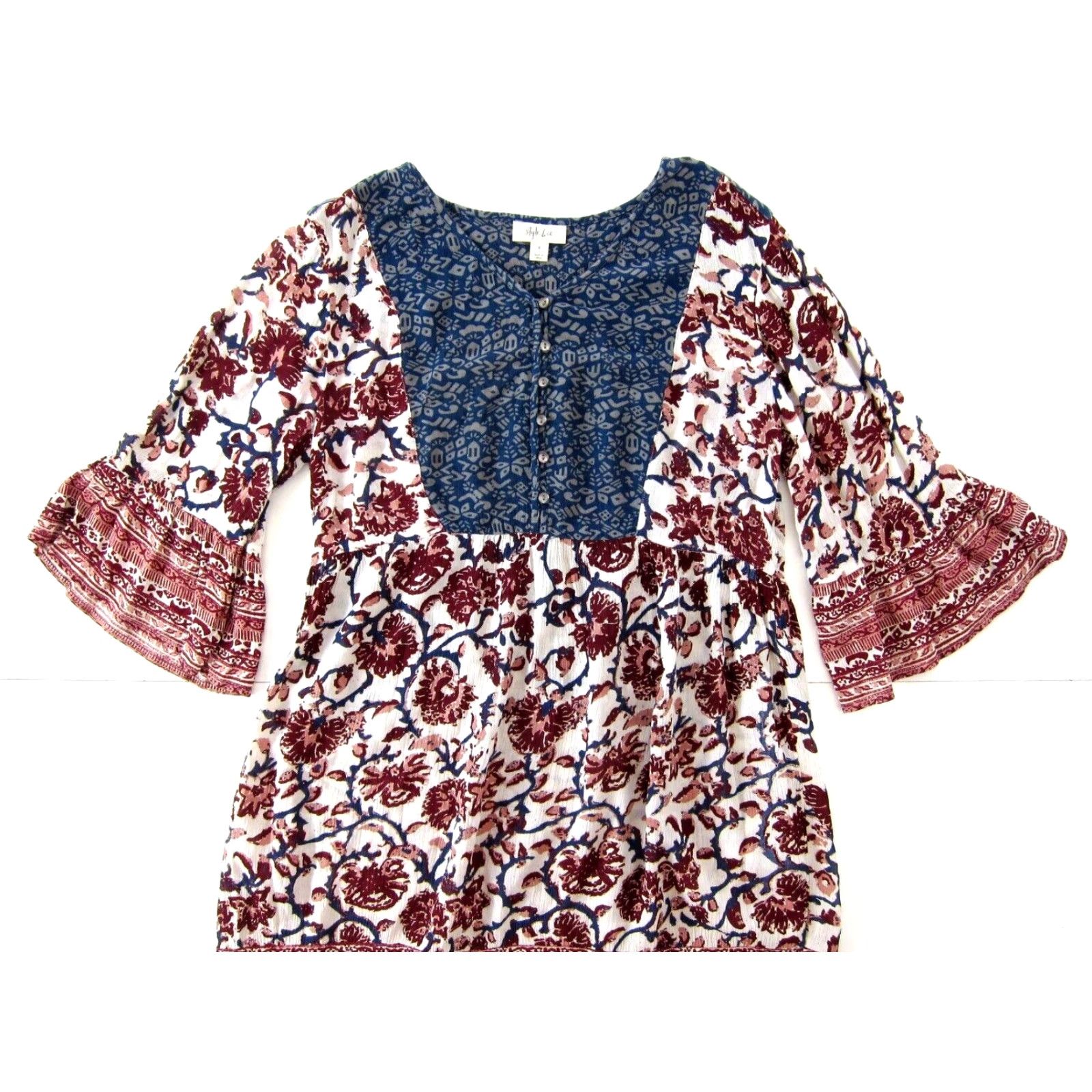 Vintage Style & Co 100% Rayon Pink Blue Red Floral 3/4 Sleeve Tunic Smock Dress Small Size S / US 4 / IT 40 - 3 Thumbnail