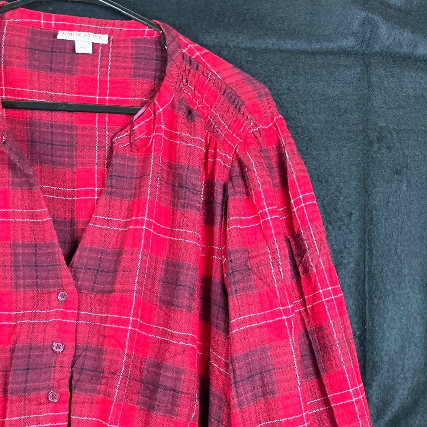Vintage Knox Rose Womens Dress Red Plaid Pull Over V Neck Half Button Down Stretch XL Shirt Dress Long Sleeve Casual Travel Workwear Size XL / US 12-14 / IT 48-50 - 5 Thumbnail