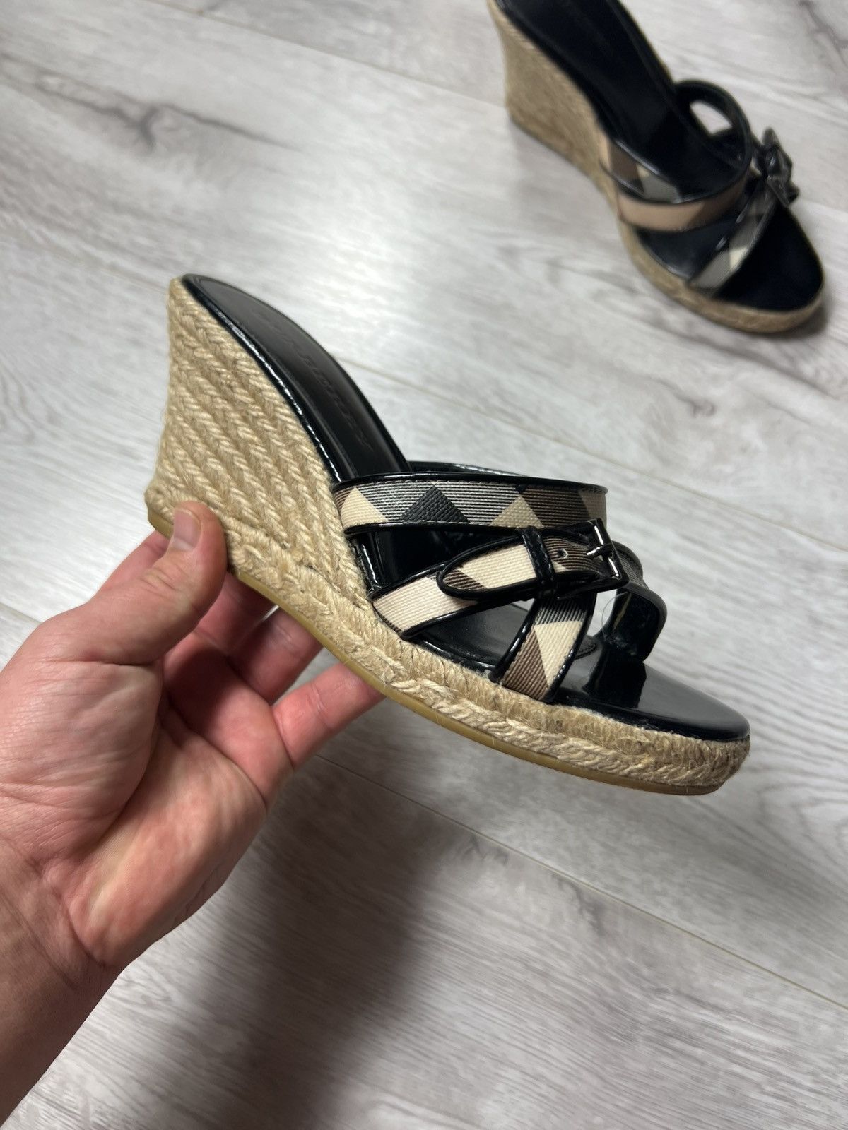 Burberry Women’s Nova Check Leather Wedge Espadrille Sandals