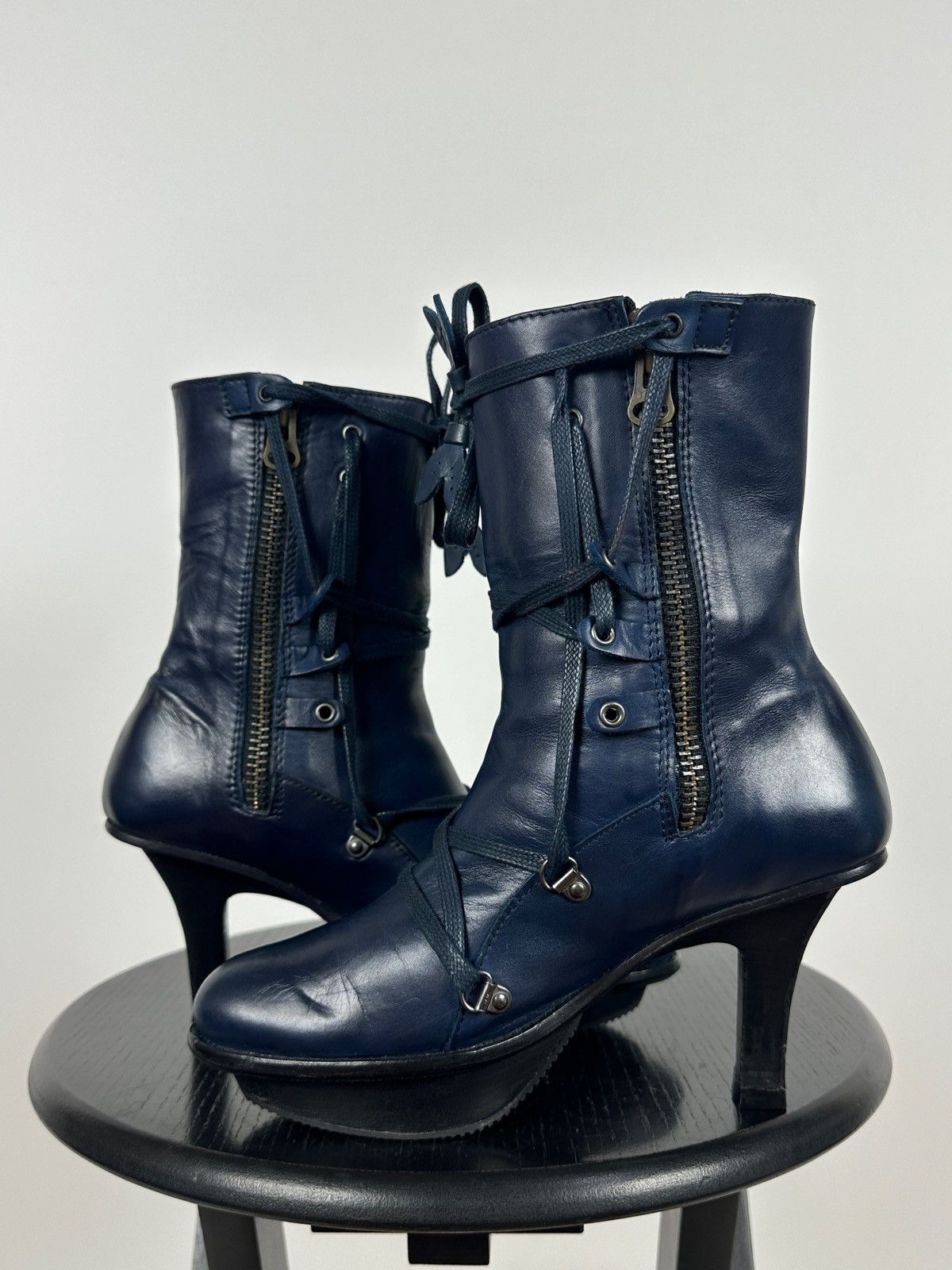 Marithe + Francois Girbaud Marithé + François Girbaud Navy Blue Leather Heeled Boots Size US 6 / IT 36 - 8 Thumbnail
