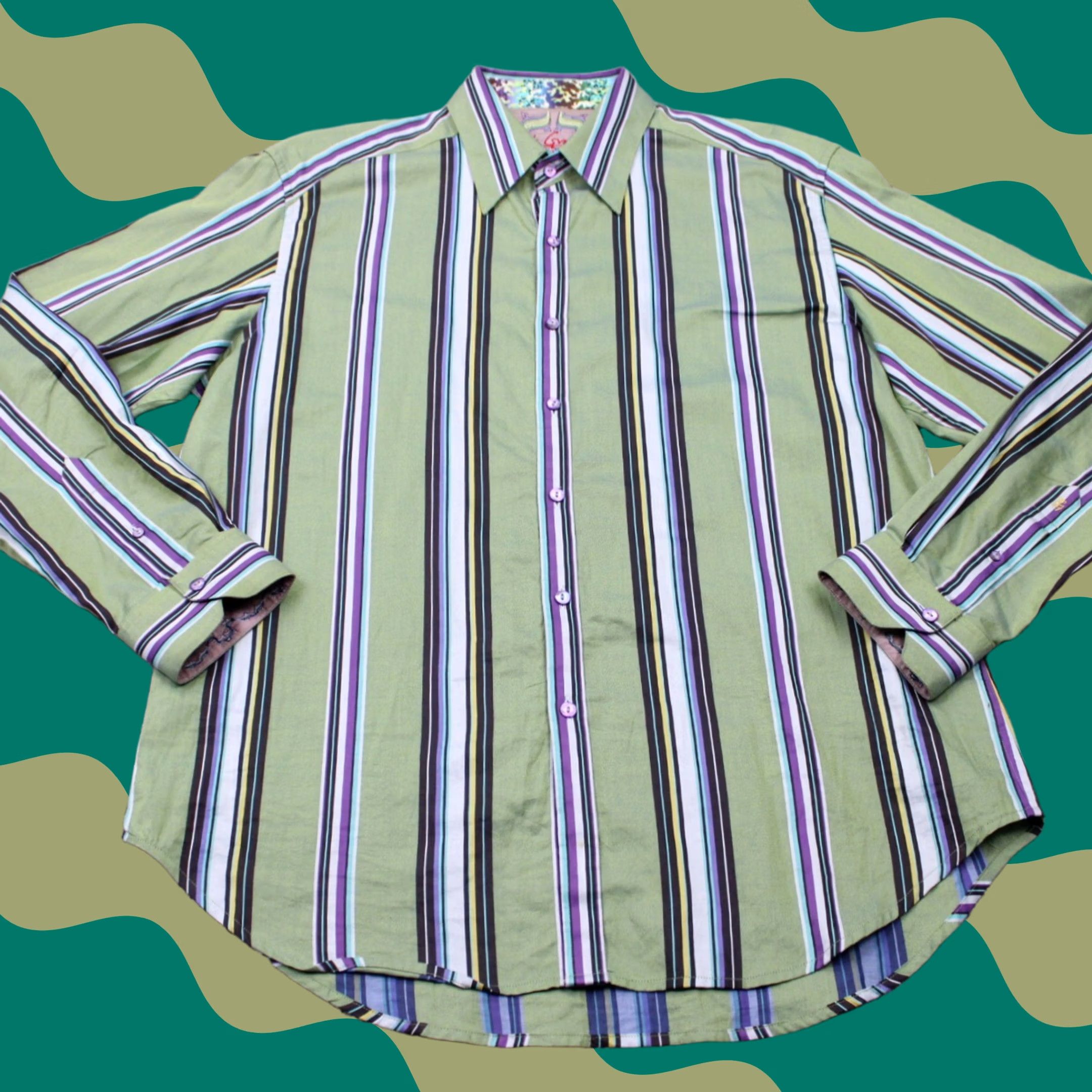 Robert Graham Robert Graham Button-Up Shirt Adult Large Green/Purple Cotton L/S Striped Size US L / EU 52-54 / 3 - 1 Thumbnail