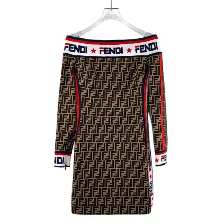 Fendi Fendi Brown Double F Cotton Off-Shoulder Dress Size S / US 4 / IT 40 - 1 Thumbnail