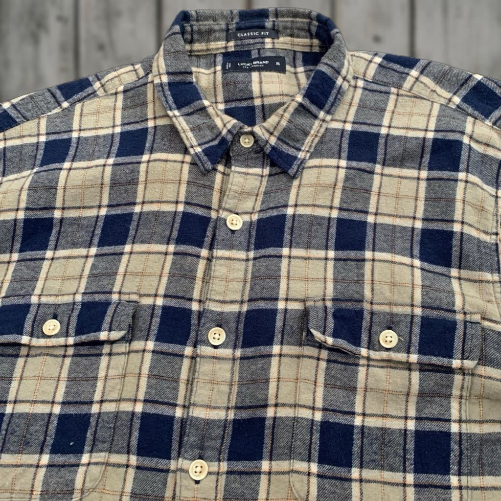 Lucky Brand LUCKY Brand Flannel Shirt Mens XL Classic Fit Blue Tan Check Pockets Button-Up Size US XL / EU 56 / 4 - 1 Thumbnail