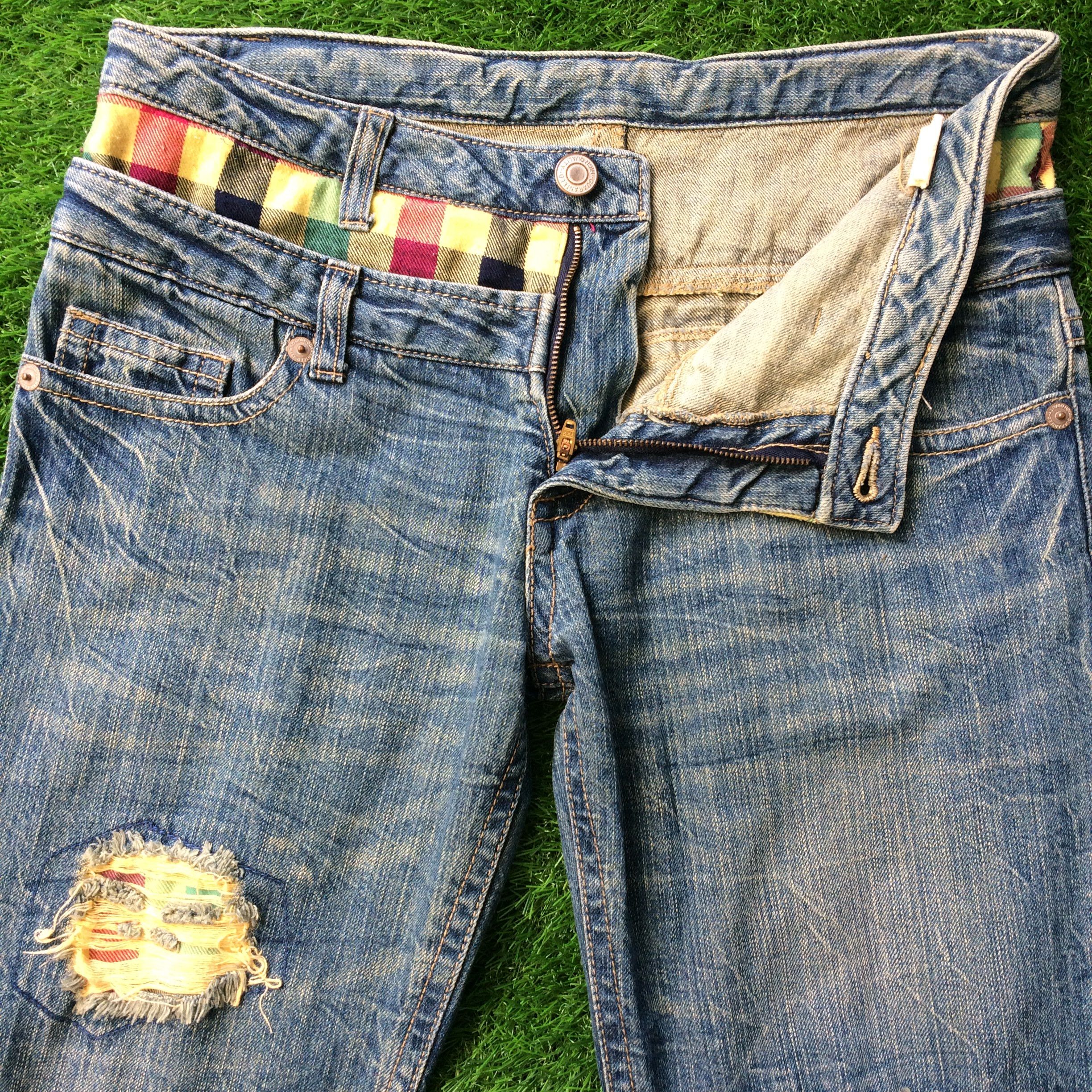 Japanese Brand × Vintage Vtg Distressed Double Waist Checkered Denim Jeans D-689 Size US 31 - 3 Thumbnail