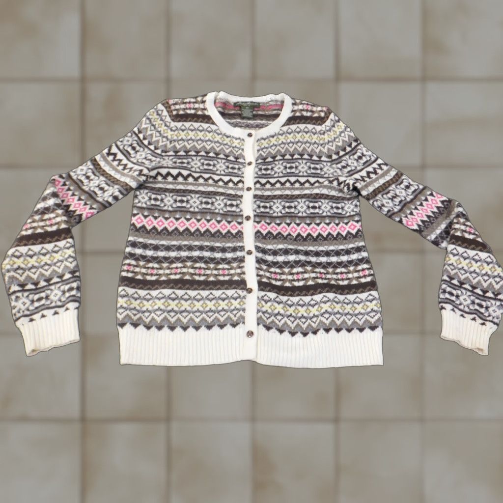 Eddie Bauer Eddie Bauer Sweater Womens S Brown Geometric Cardigan Knit Wool Cable-Knit Crew Neck Long Sleeve Raglan Vintage No Pattern: Geometric Size S / US 4 / IT 40 - 1 Thumbnail