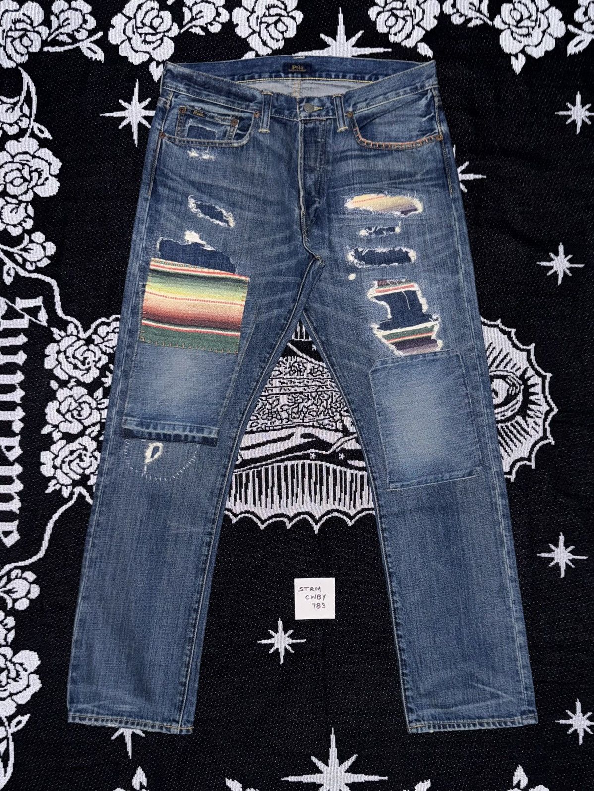 Polo Ralph Lauren Varick Slim Straight Serape Patchwork Distressed Jeans Size US 32 / EU 48 - 1 Thumbnail