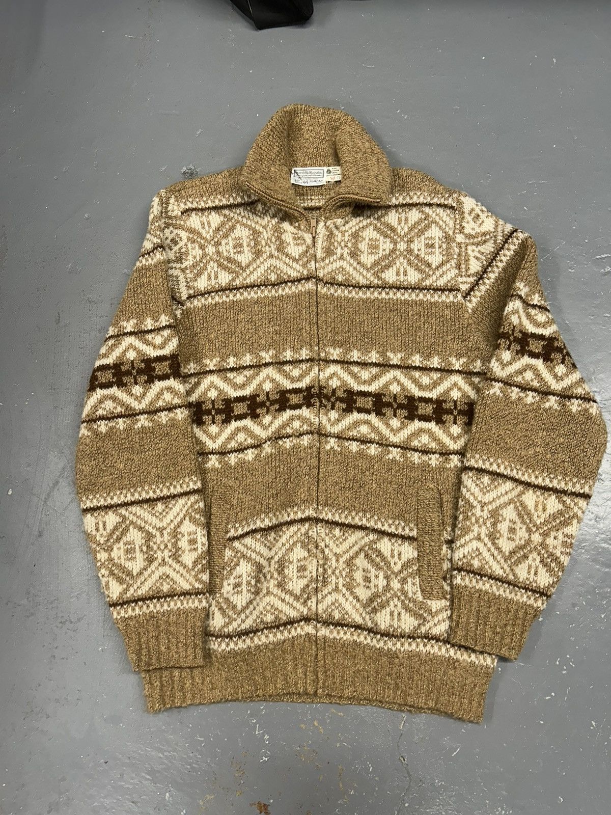 Crazy Vintage 80s Sears Zip Up Wool Sweater Beige Christmas