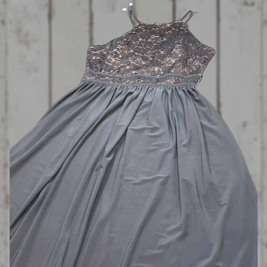 Vintage Nightway GRAY DRESS Lace Sequined HALTER Long Maxi GOWN Stretchy SIZE 12 Women’s Size XL / US 12-14 / IT 48-50 - 1 Thumbnail