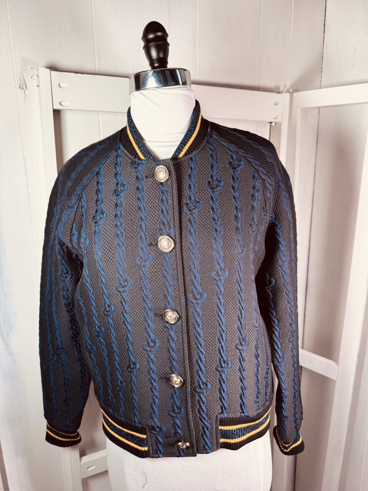 3.1 Phillip Lim VARSITY BOMBER Brocade Cable Print Black/Blue/Gold Size. Size XS / US 0-2 / IT 36-38 - 9 Thumbnail