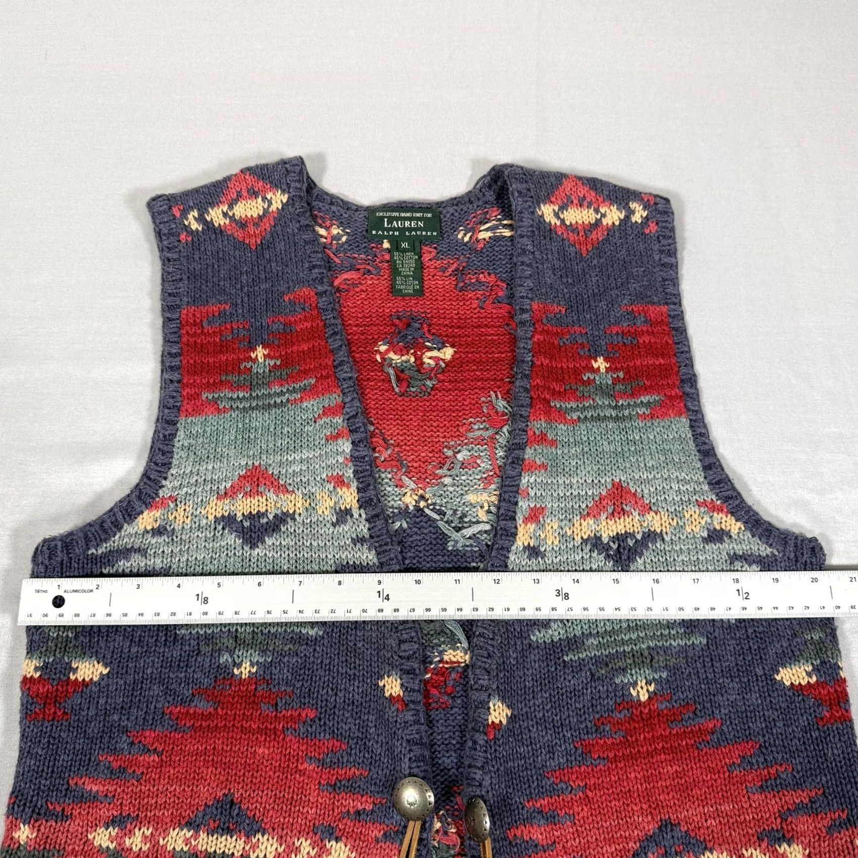 Ralph Lauren Lauren Ralph Lauren Vest Womens XL Hand Knit Aztec Geometric Linen Cotton Multicolor V-Neck Open Front with Leather Ties Buttoned Accents Size XL / US 12-14 / IT 48-50 - 4 Thumbnail
